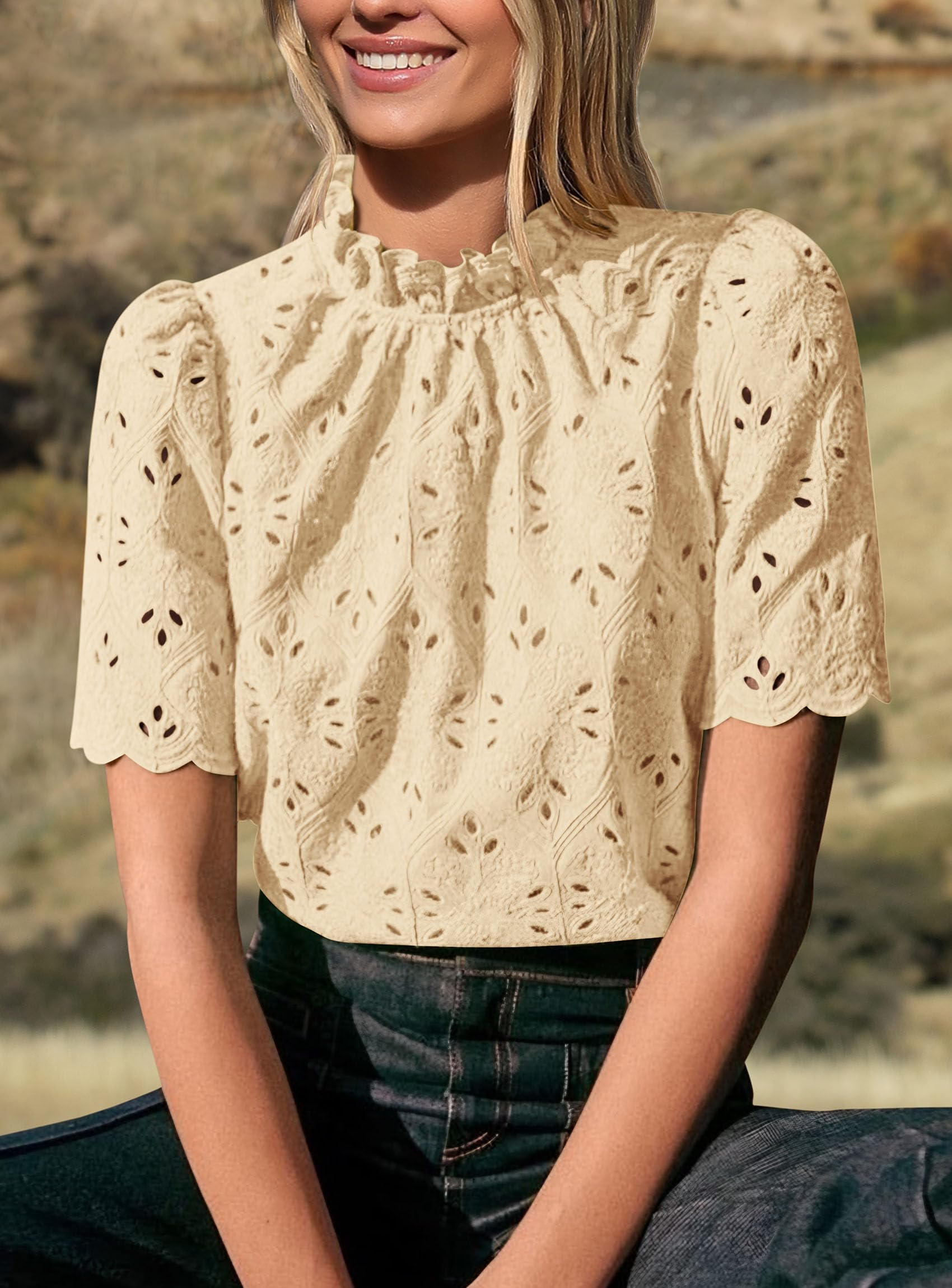 Women Summer Tops Eyelet Embroidered Shirts,Beige Yellow,XS
