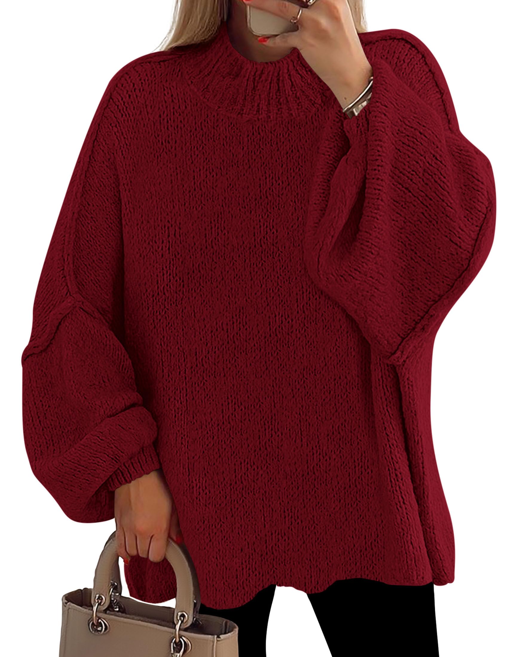 Women's Oversized Sweaters Fall Clothes (Burgundy,S)