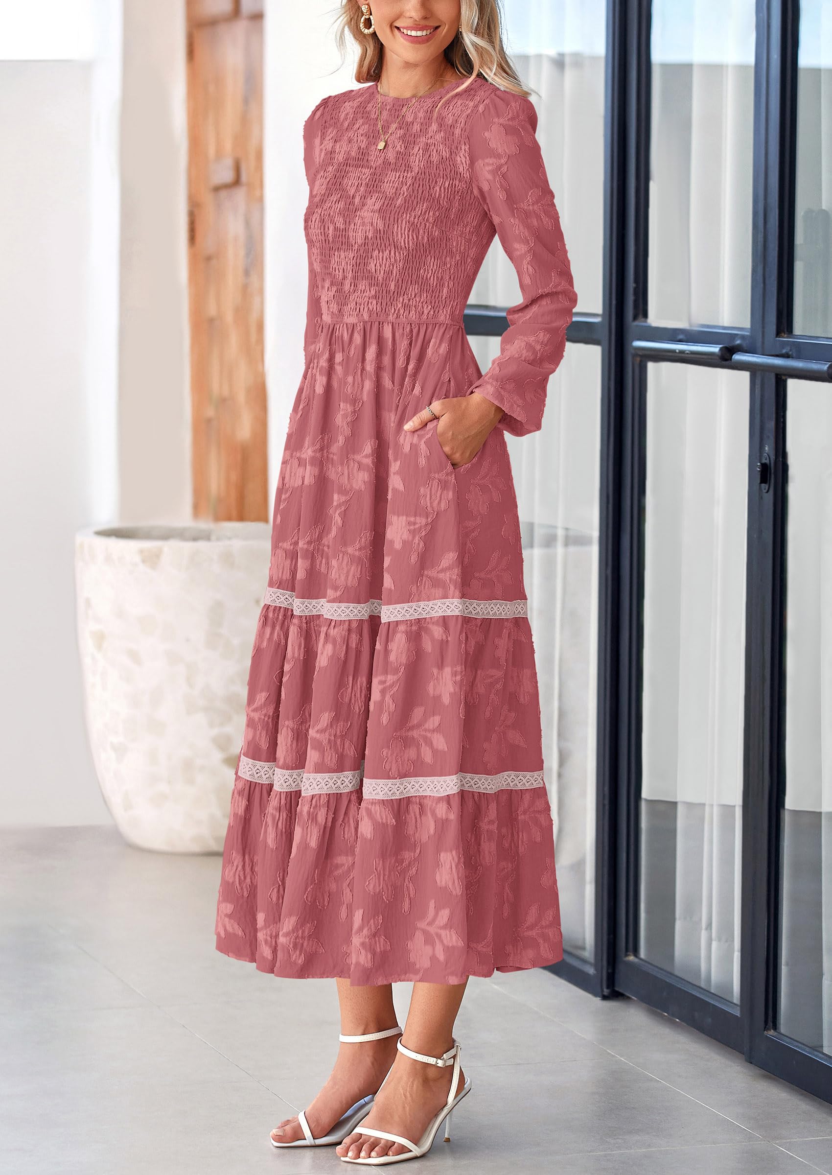 Women's Long Sleeve Boho Floral Midi Dress, Bean Paste Pink,S