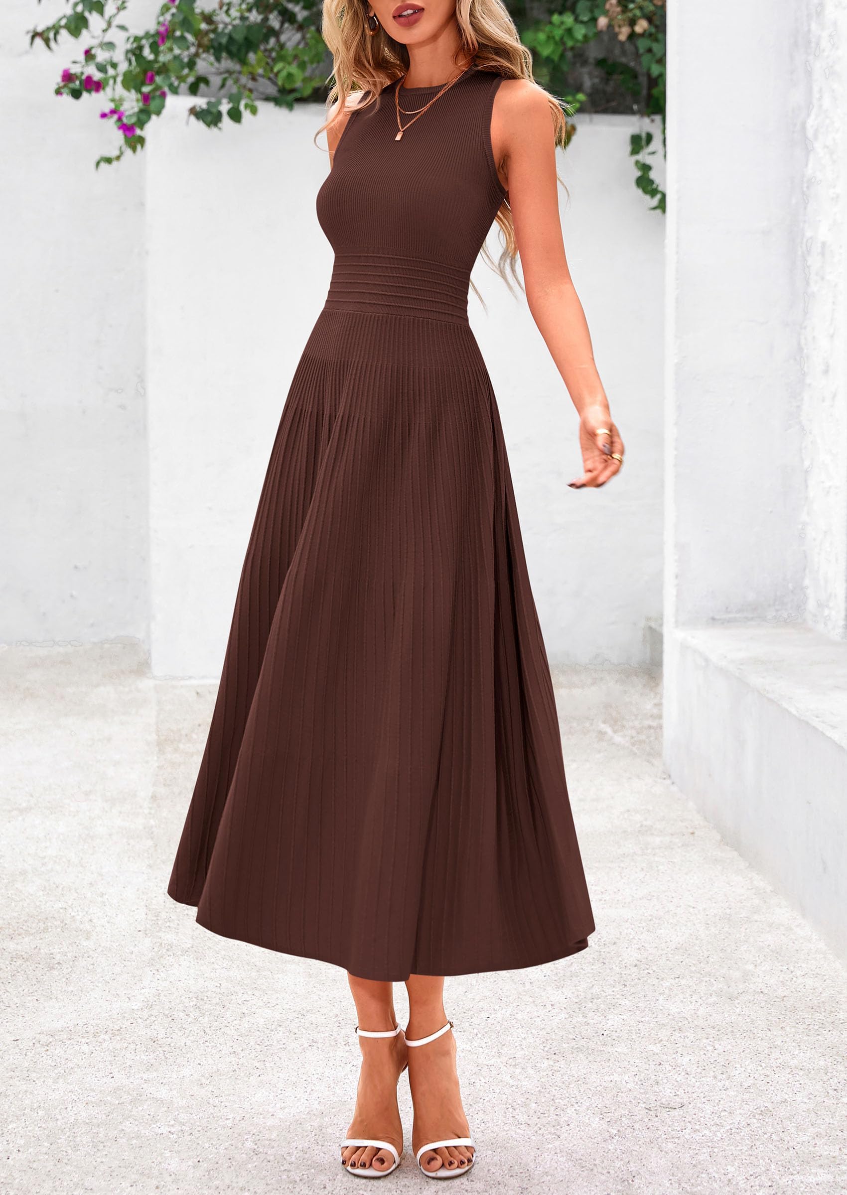 Women's Summer Pleated Midi Work Dress,Brown,S