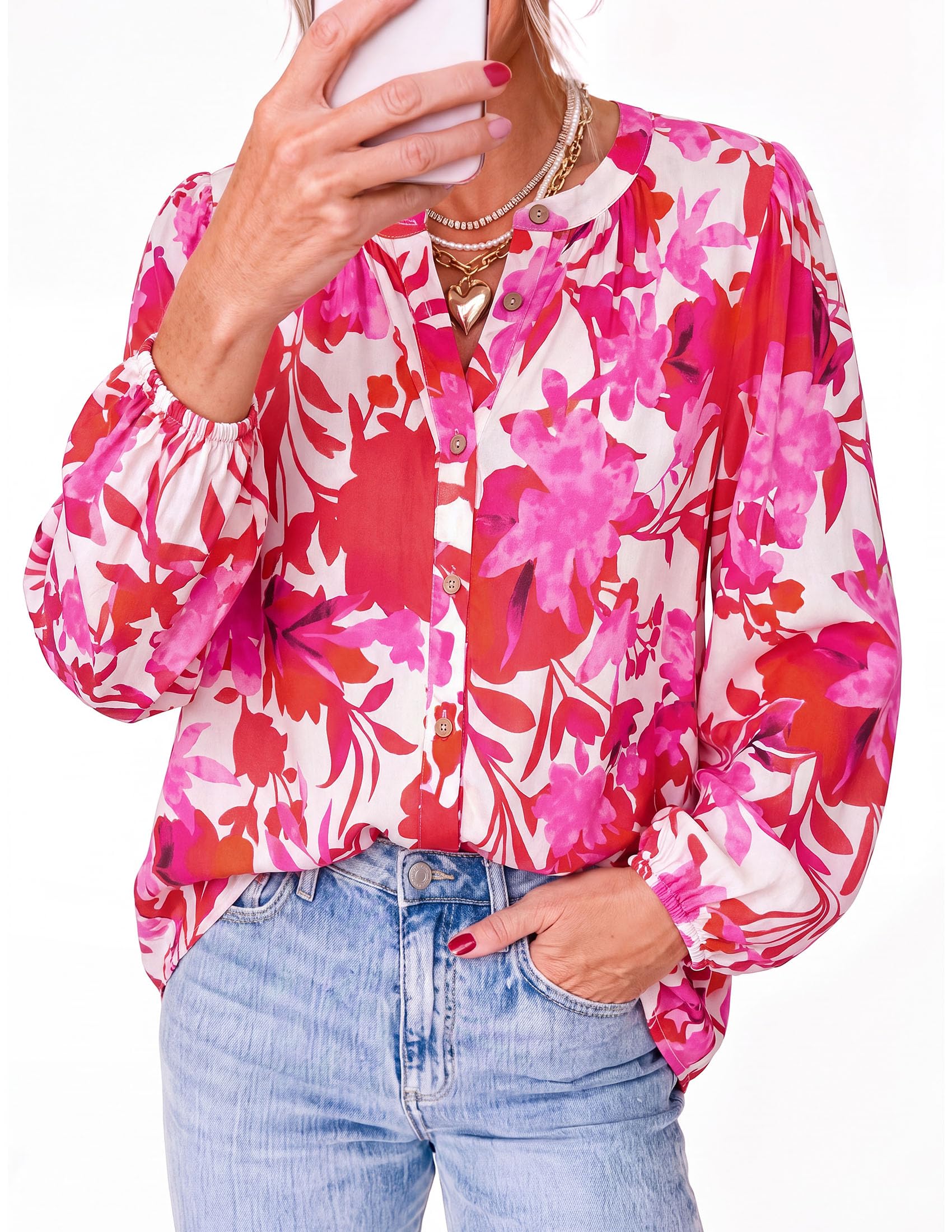 Women's Boho Tops Fall Long Sleeve Button Down Floral Blouses