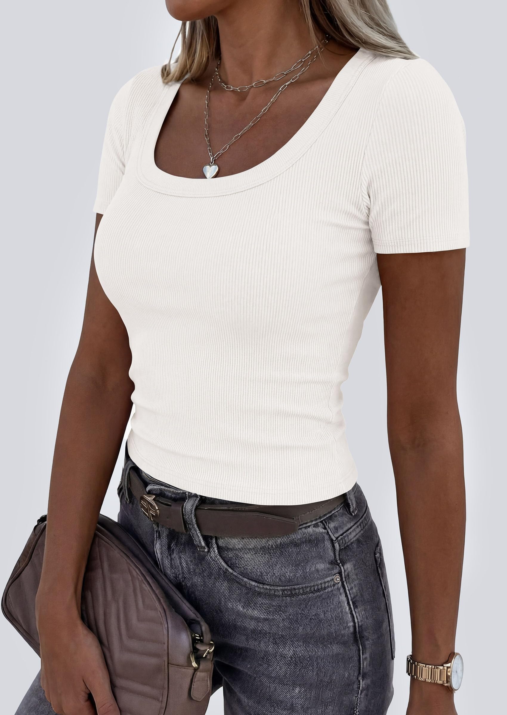 Womens Summer Short Sleeve Scoop Neck Tops,White,S