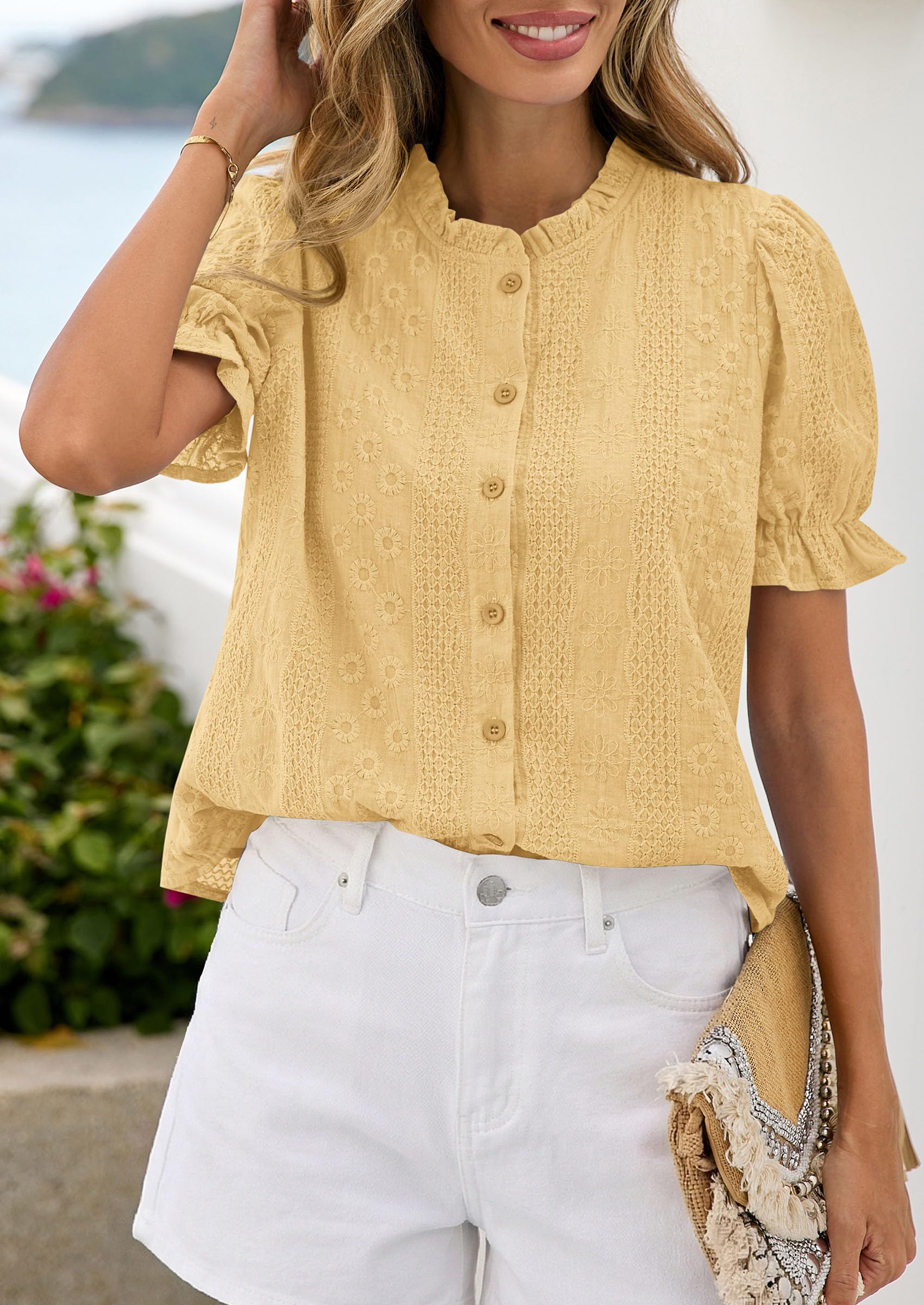 Womens Embroidered Puff Short Sleeve Tops,Yellow,S