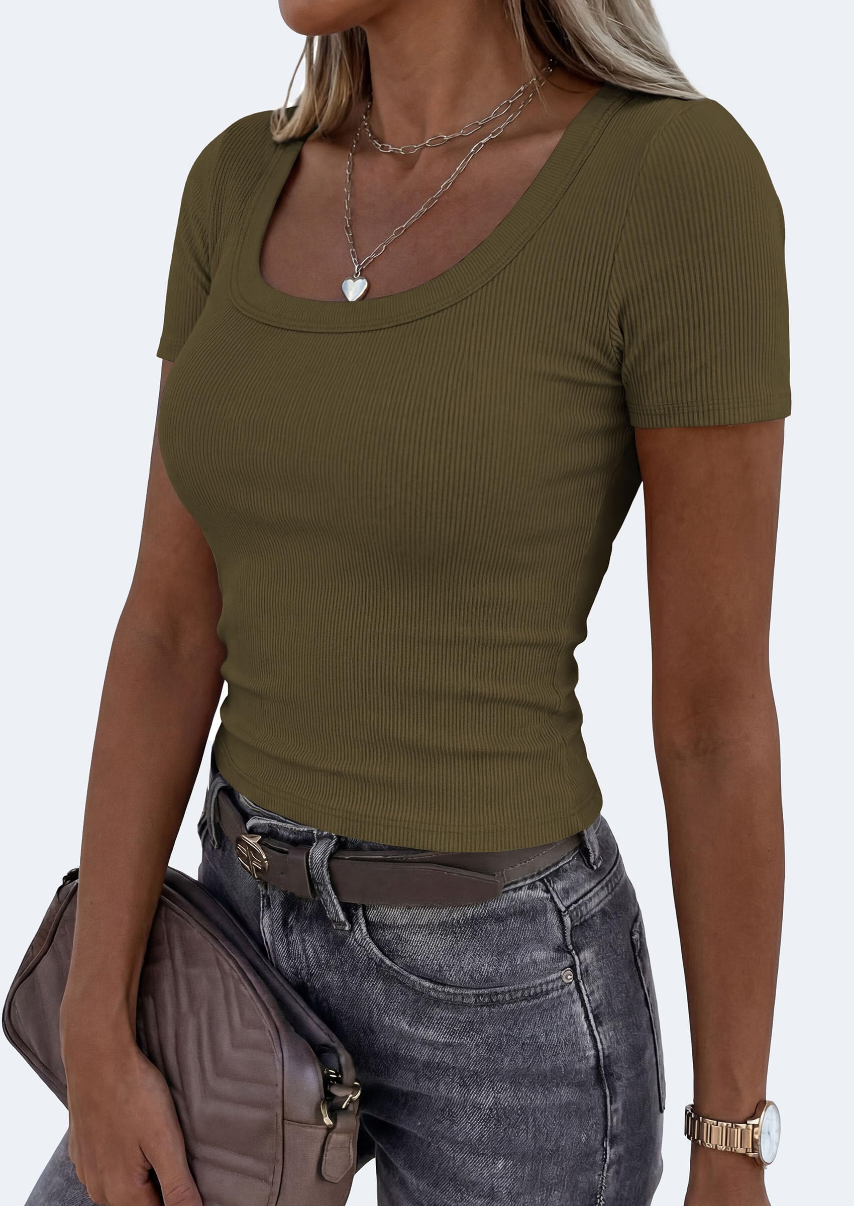 Womens Summer Short Sleeve Scoop Neck Tops,Army Green,S
