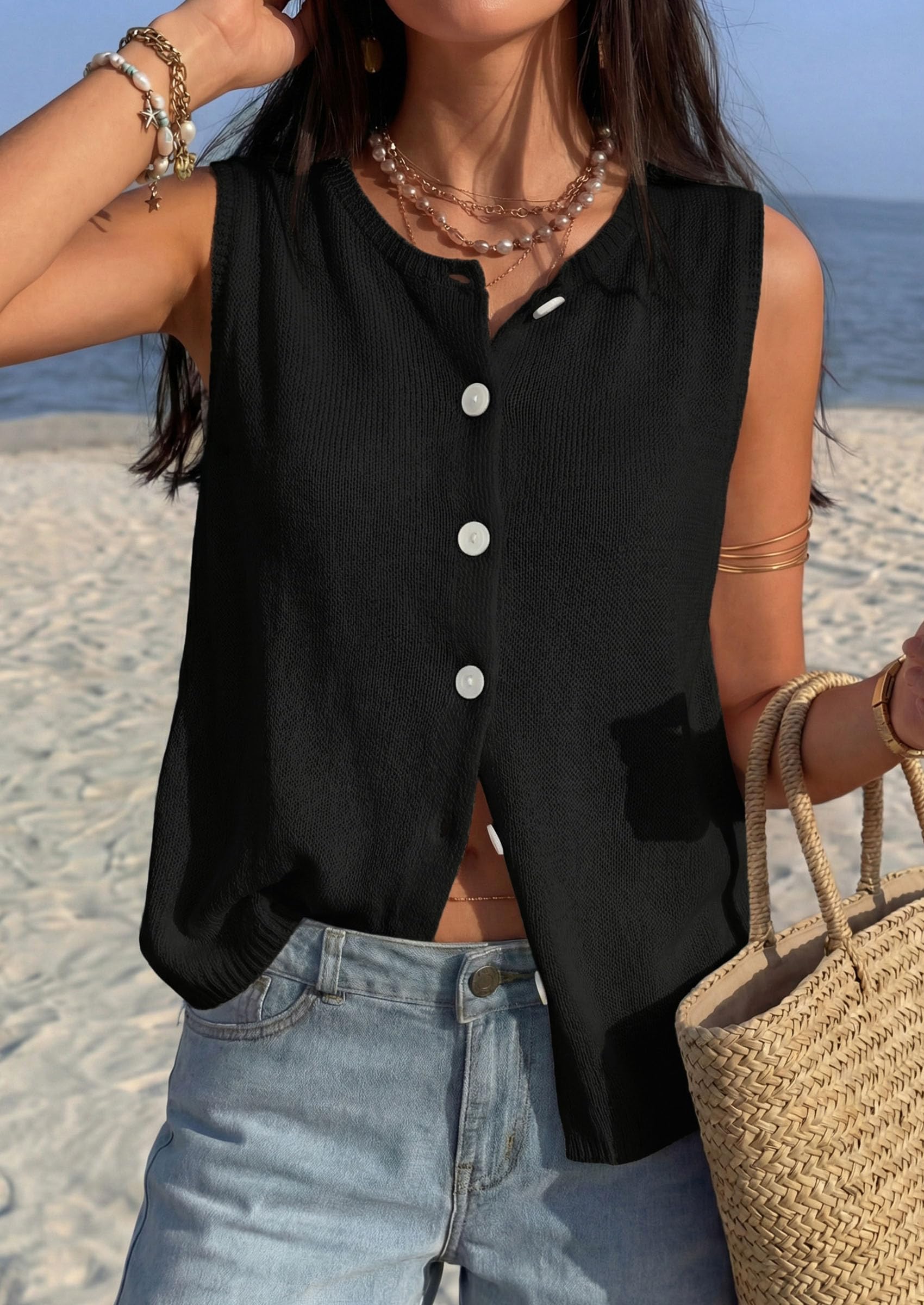 Women's Summer Button Up Sweater Vest Tops,Black,S