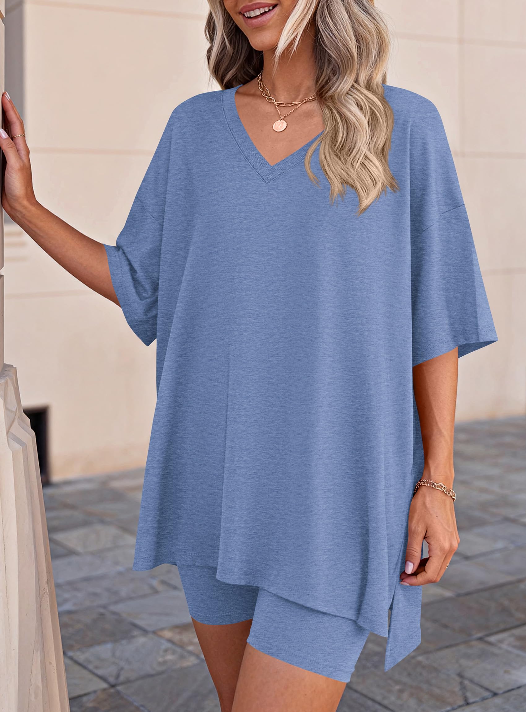 Womens 2 Piece Outfit Lounge Short Sets,Grey Blue,L