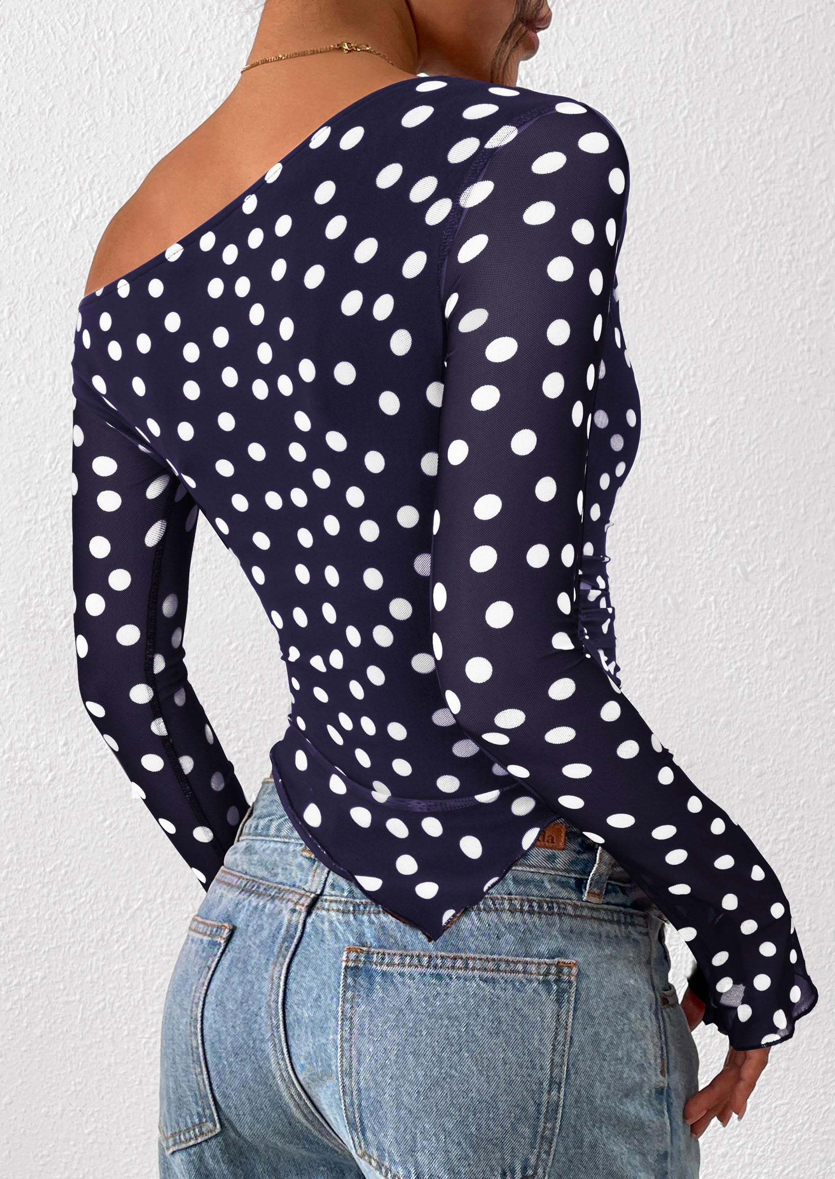 Womens Off Shoulder Mesh Y2k Tops,Dot Navy Blue White,XS