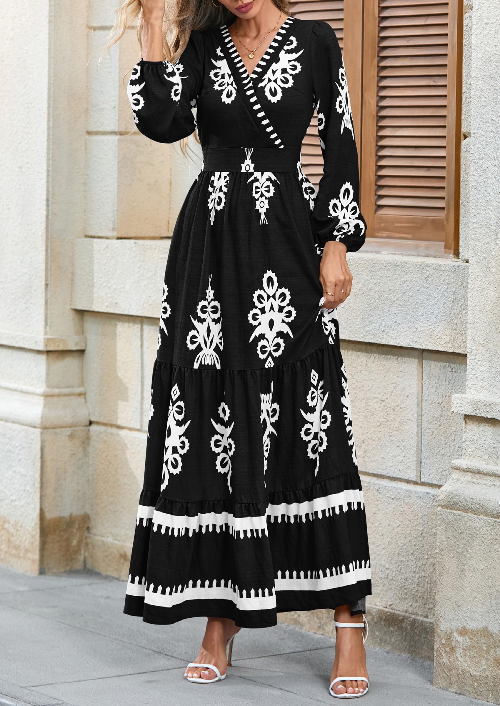 Women's Long Sleeve Floral Boho Maxi Wedding Guest Dress