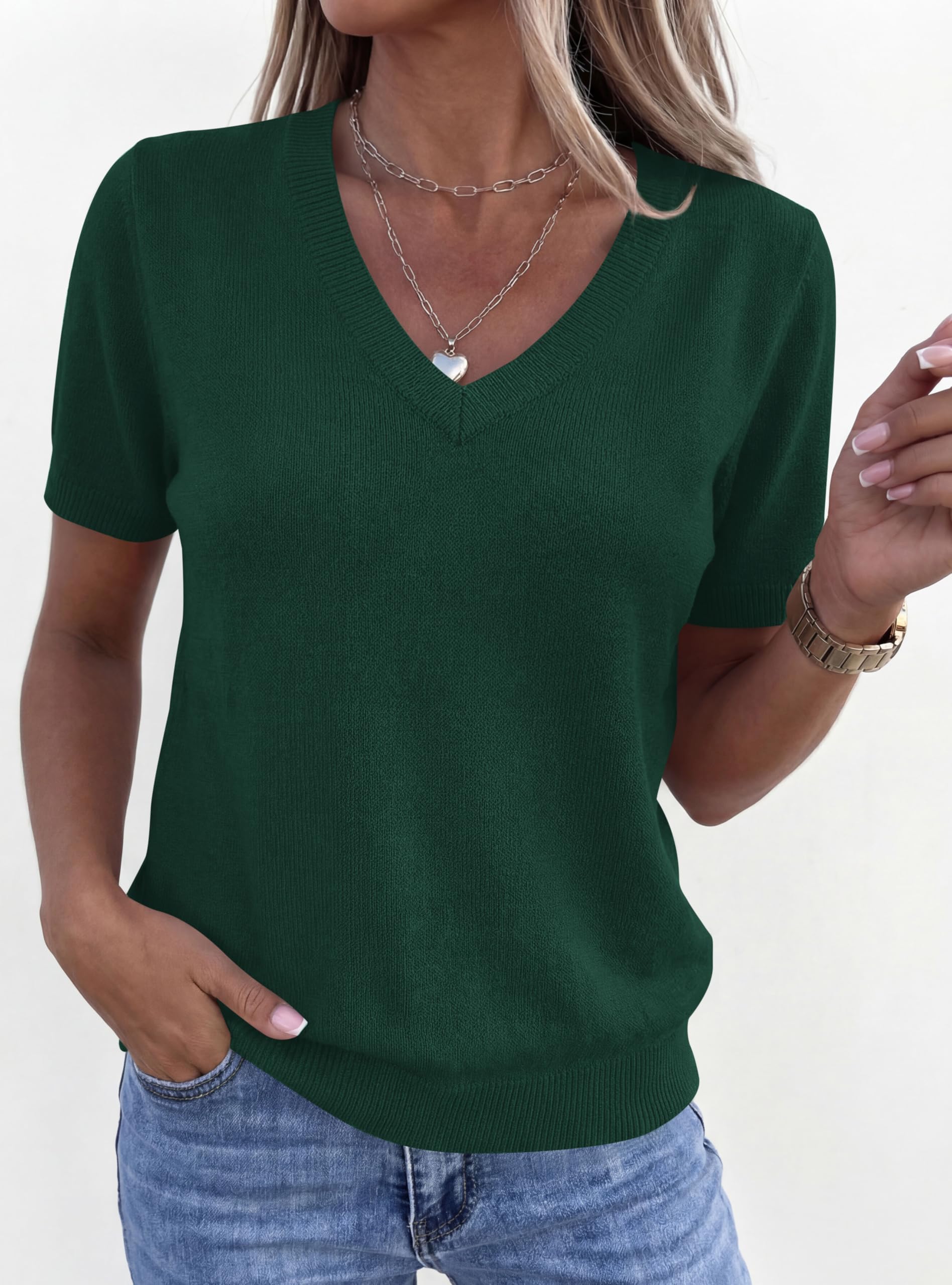 Womens Short Sleeve Sweater V Neck Tops,Dark Green,S
