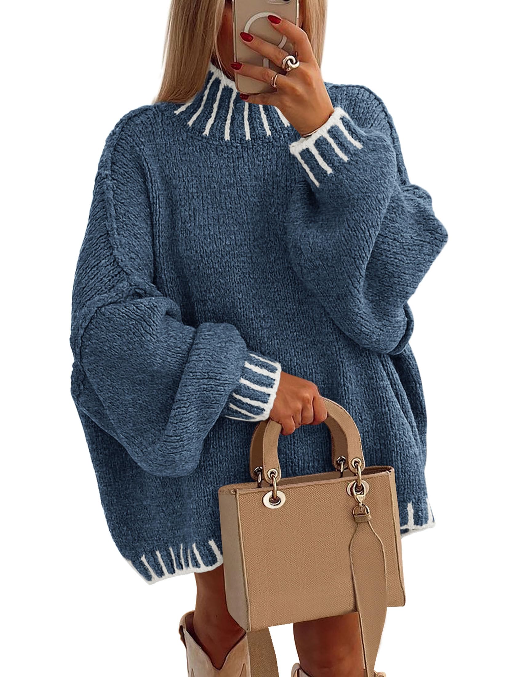 Women's Mock Neck Oversized Pullover Sweaters,Grey Blue,XS