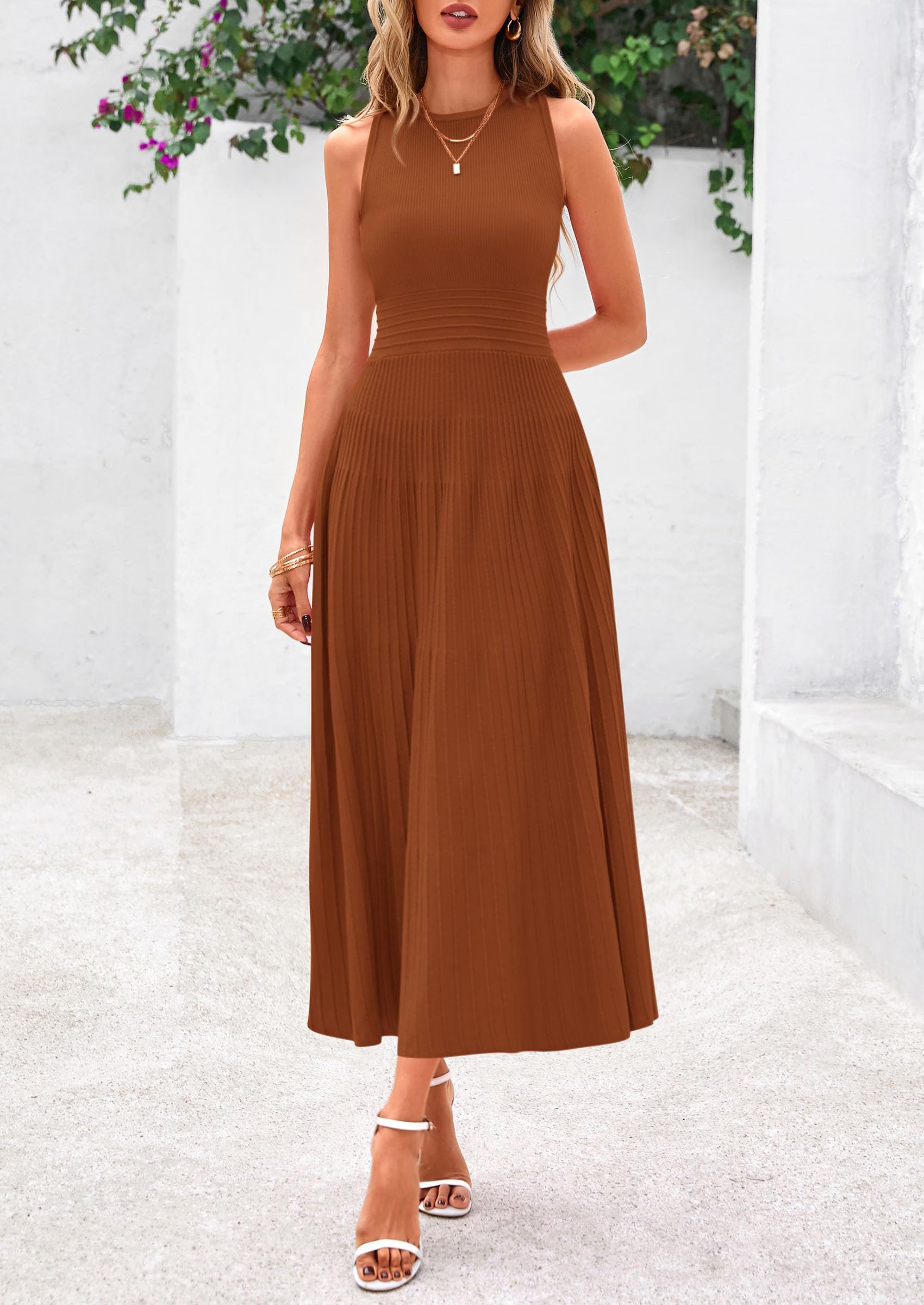 Women's Summer Pleated Midi Work Dress,Caramel,S