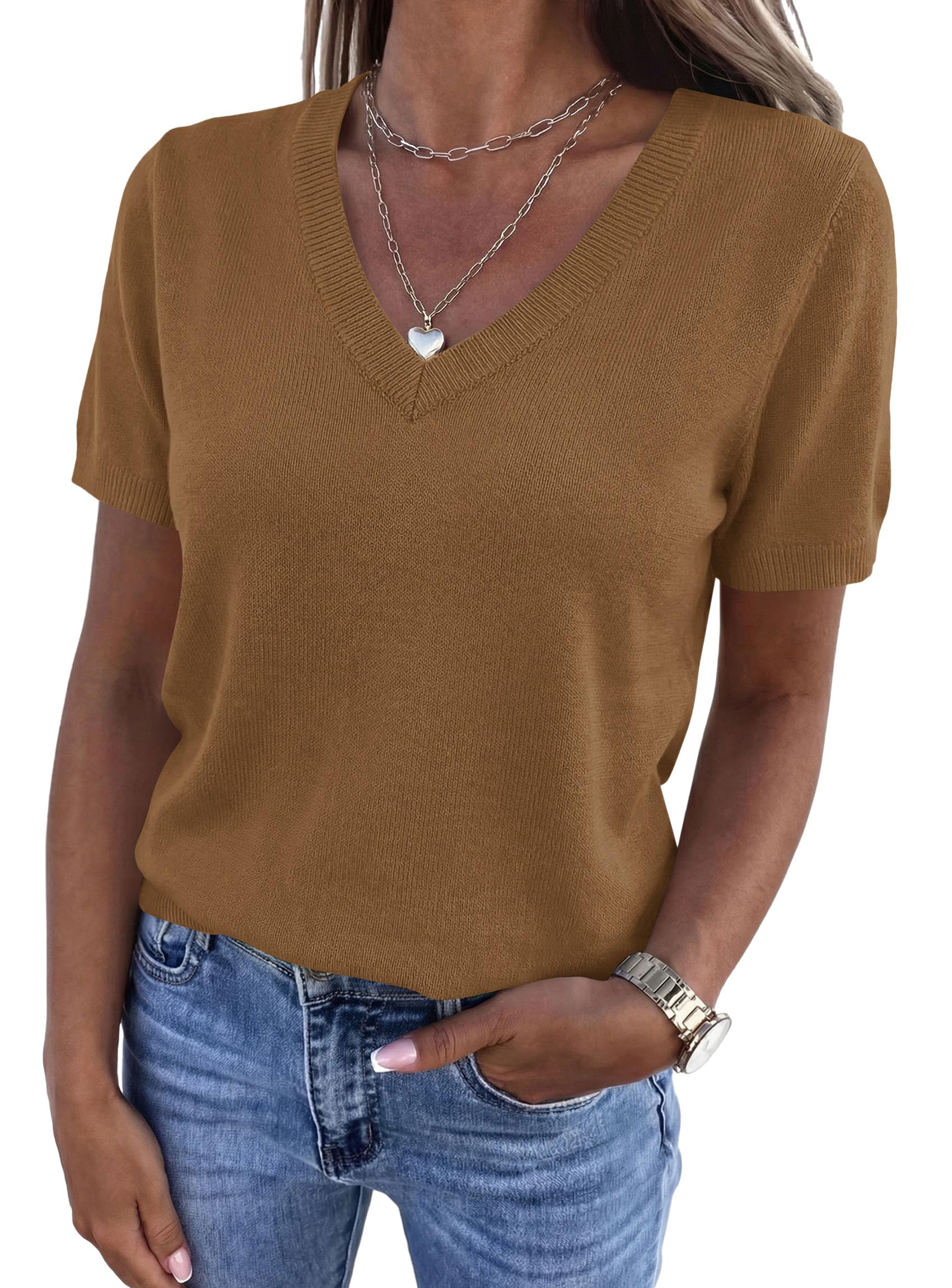 Womens Short Sleeve Sweater V Neck Tops,Khaki,S