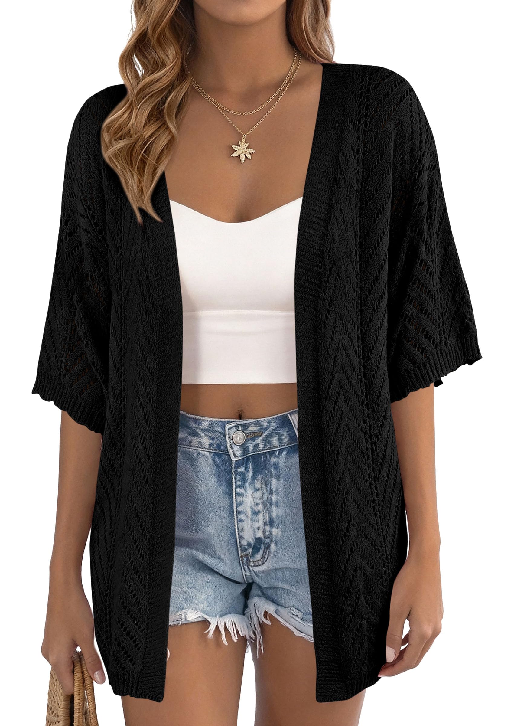 Women Lightweight Summer Short Sleeve Cardigan, Black,S