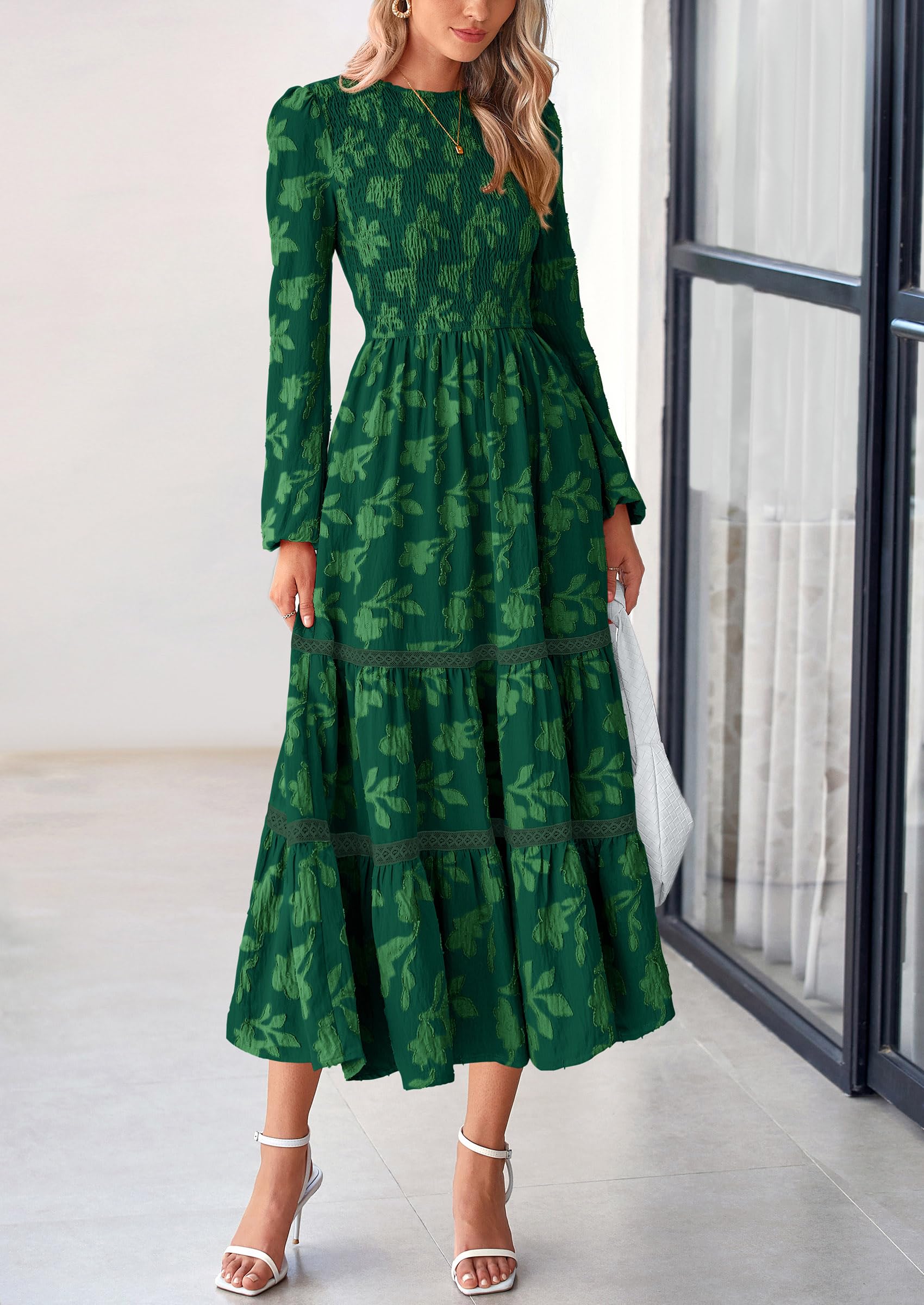 Women's Long Sleeve Boho Floral Midi Dress, Dark Green,S