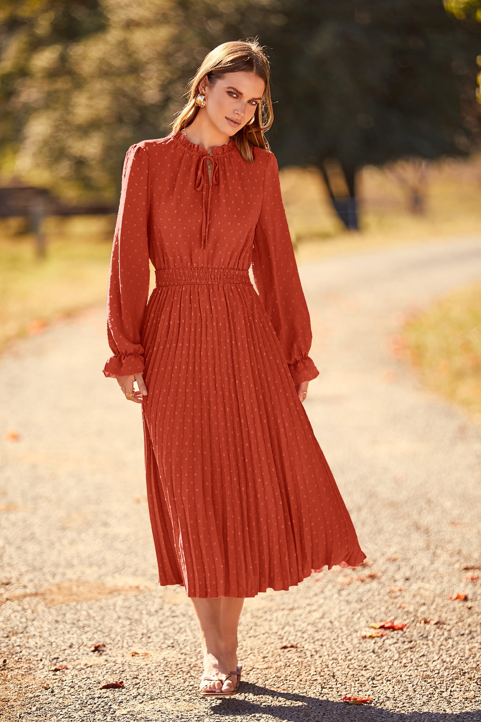 Women's Fall Midi Wedding Guest Dress(Brick Red,Small)