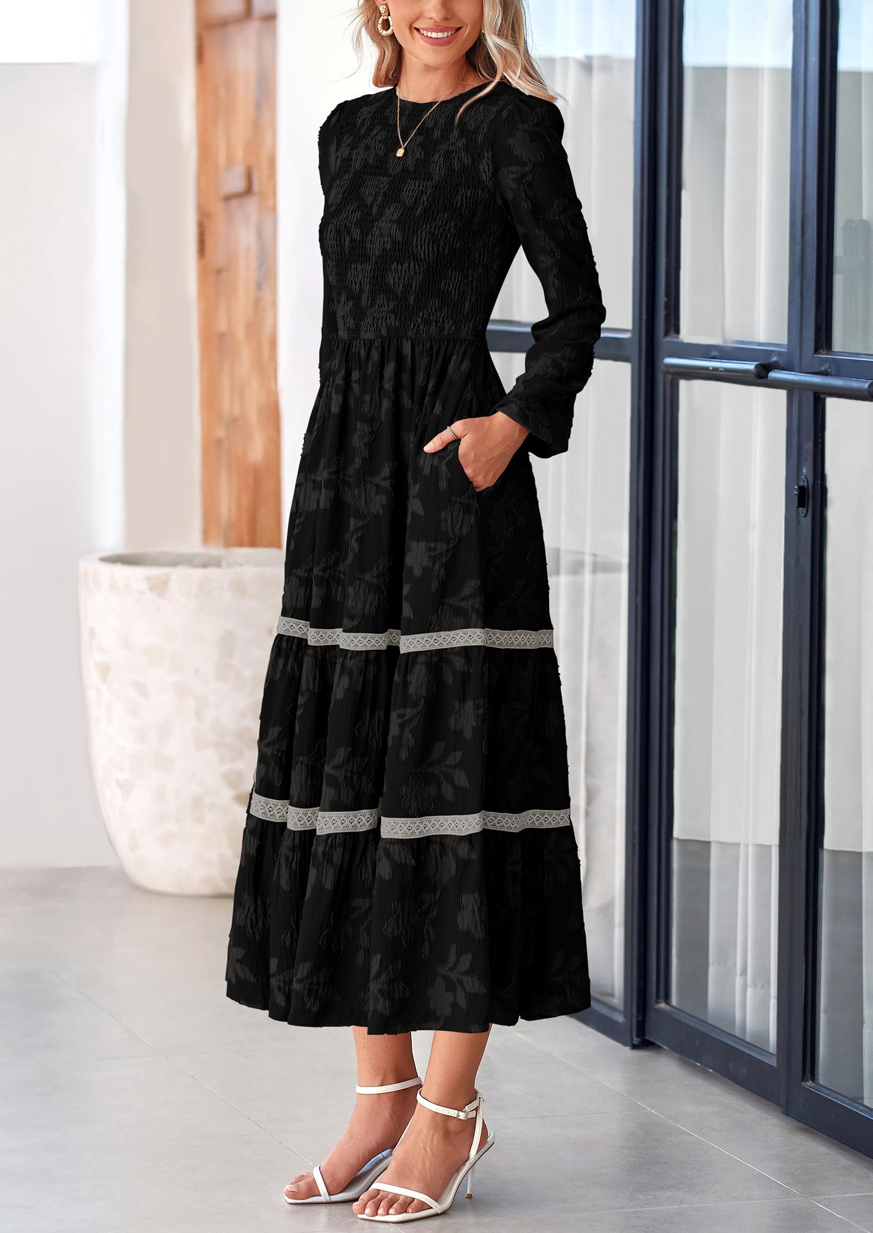 Women's Long Sleeve Boho Floral Midi Dress, Black,S