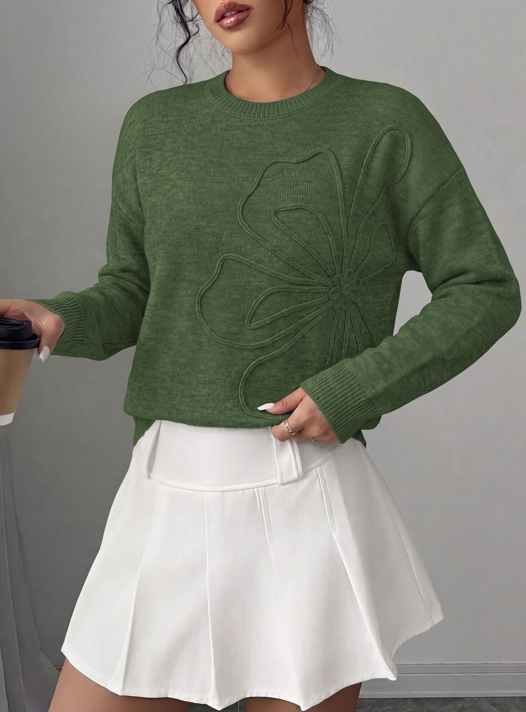 Sweaters for Women Fall Fashion Embroidered Floral Knit Tops