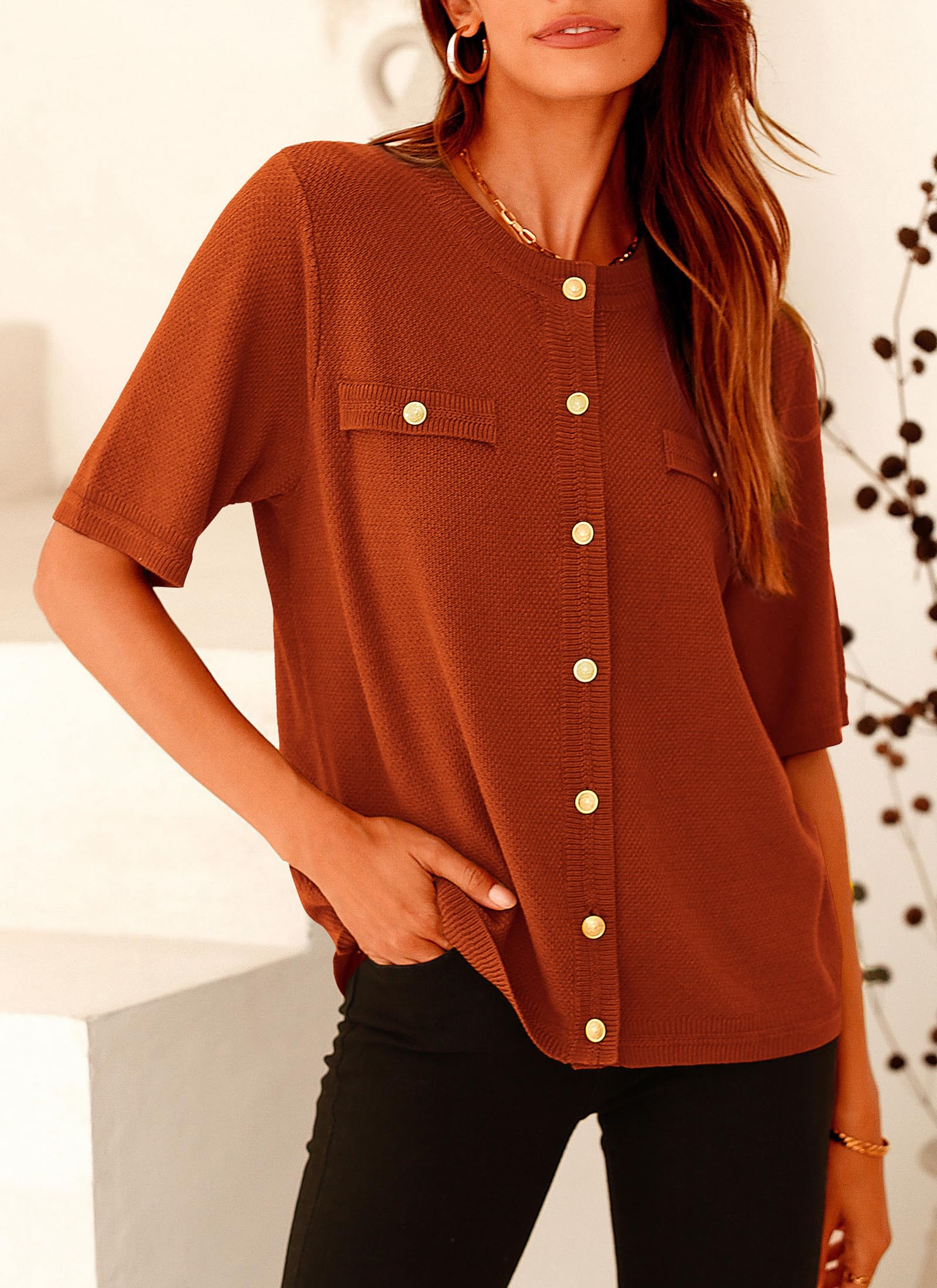 Women's Summer Casual Button Down Shirts Brick Red,Small