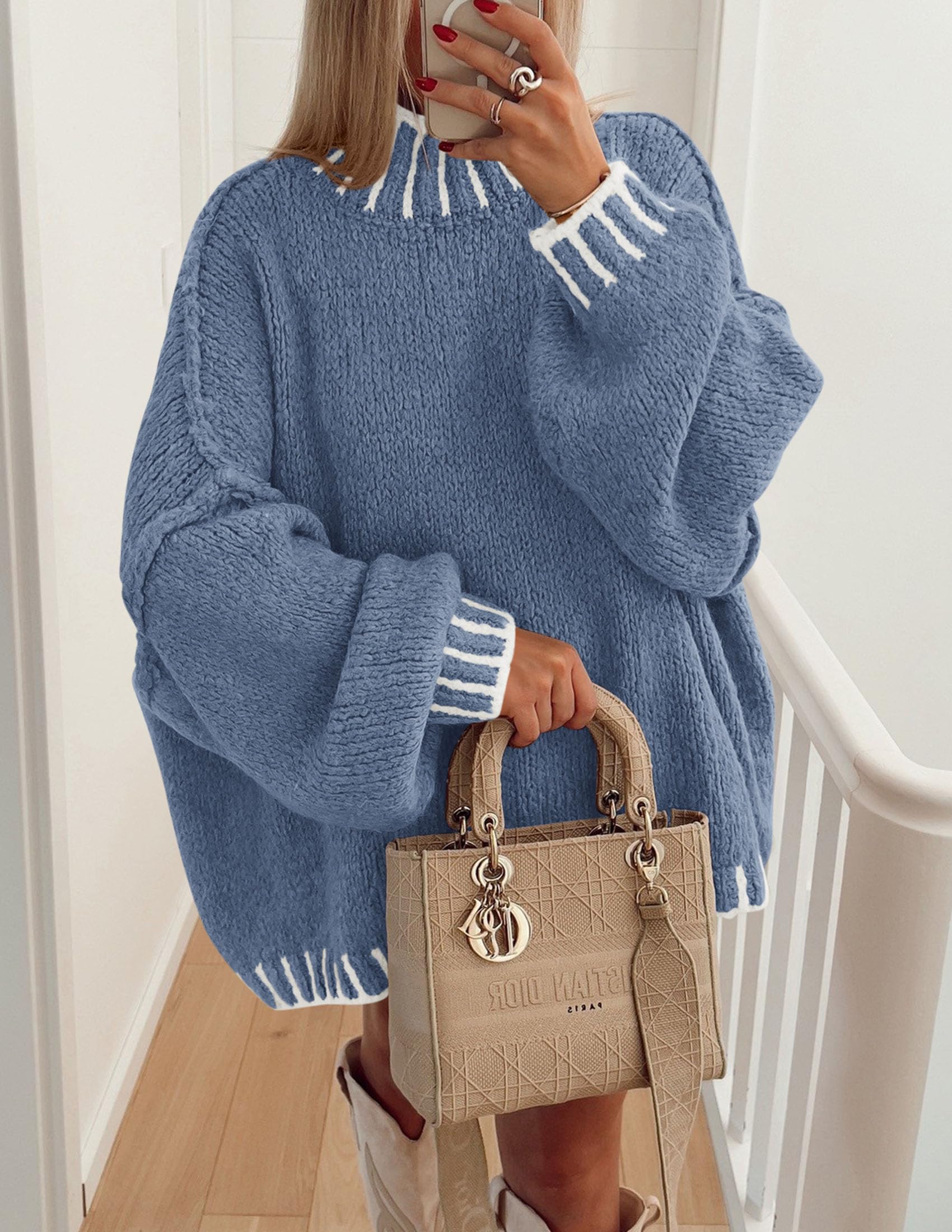Women's Mock Neck Oversized Pullover Sweaters,Blue,XS