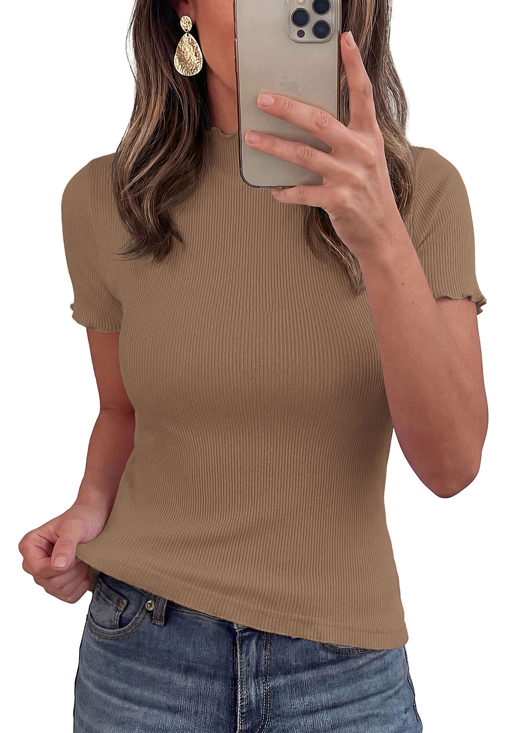 Women's Short Sleeve Ribbed Knit T Shirts, Light Brown,XS