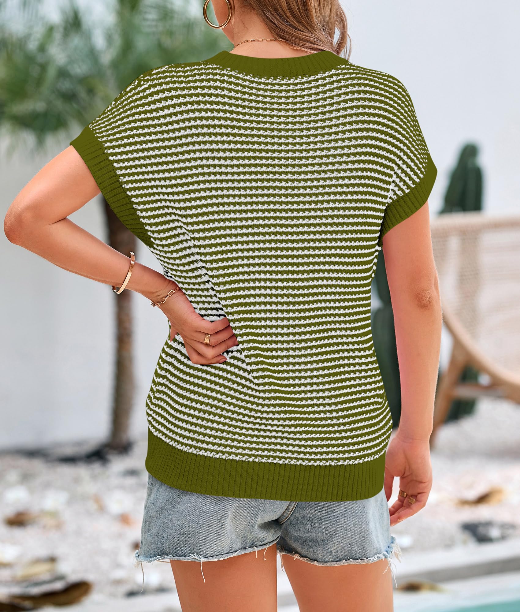 Women's Striped Short Sleeve Sweater Vest Army Green,S