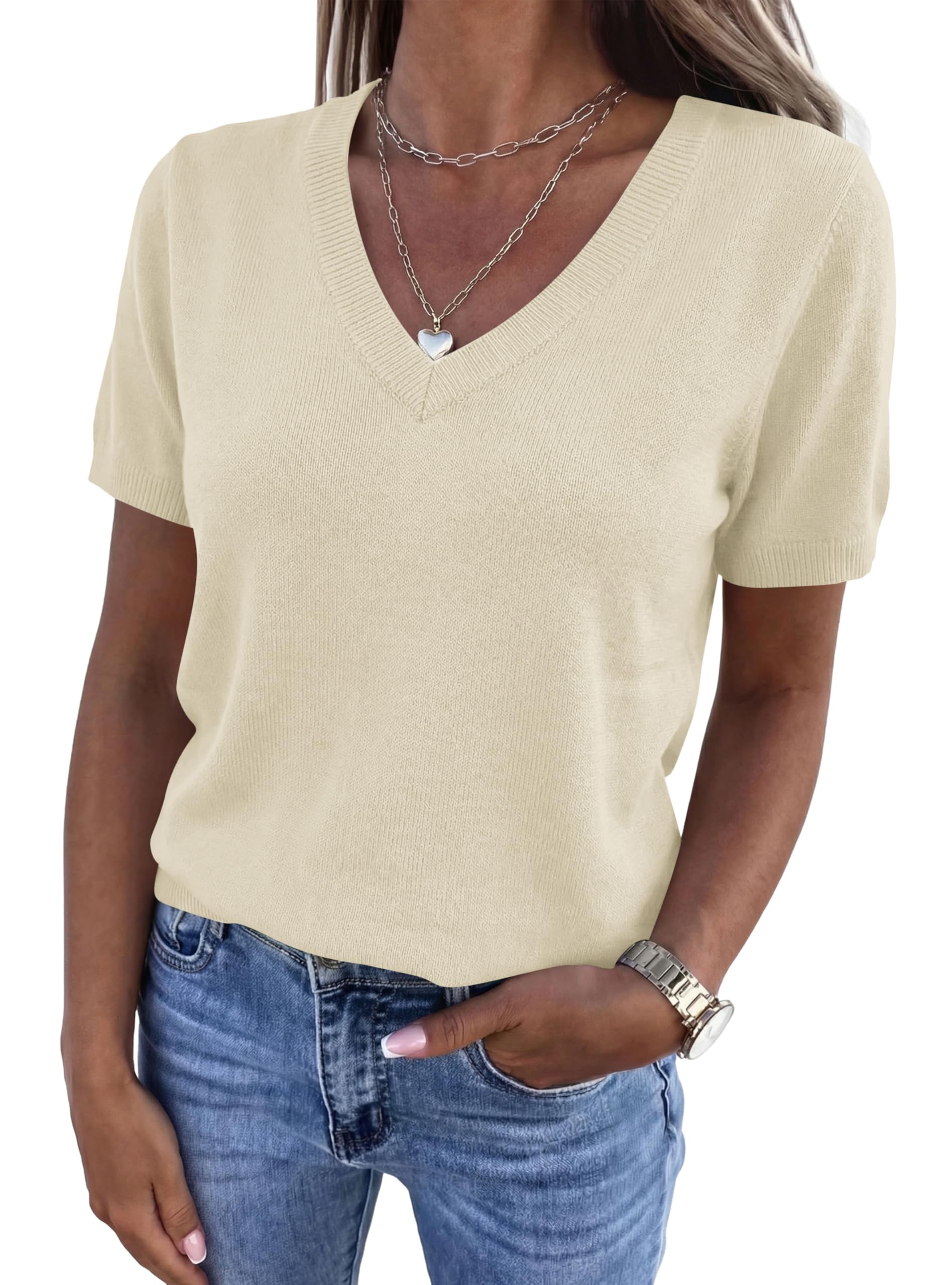 Womens Short Sleeve Sweater V Neck Tops,Beige,M