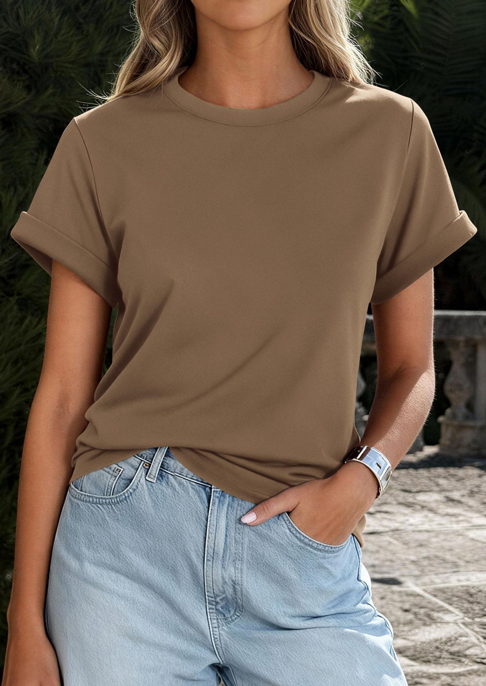 Womens Summer Tops Short Sleeve Shirts,Khaki,M