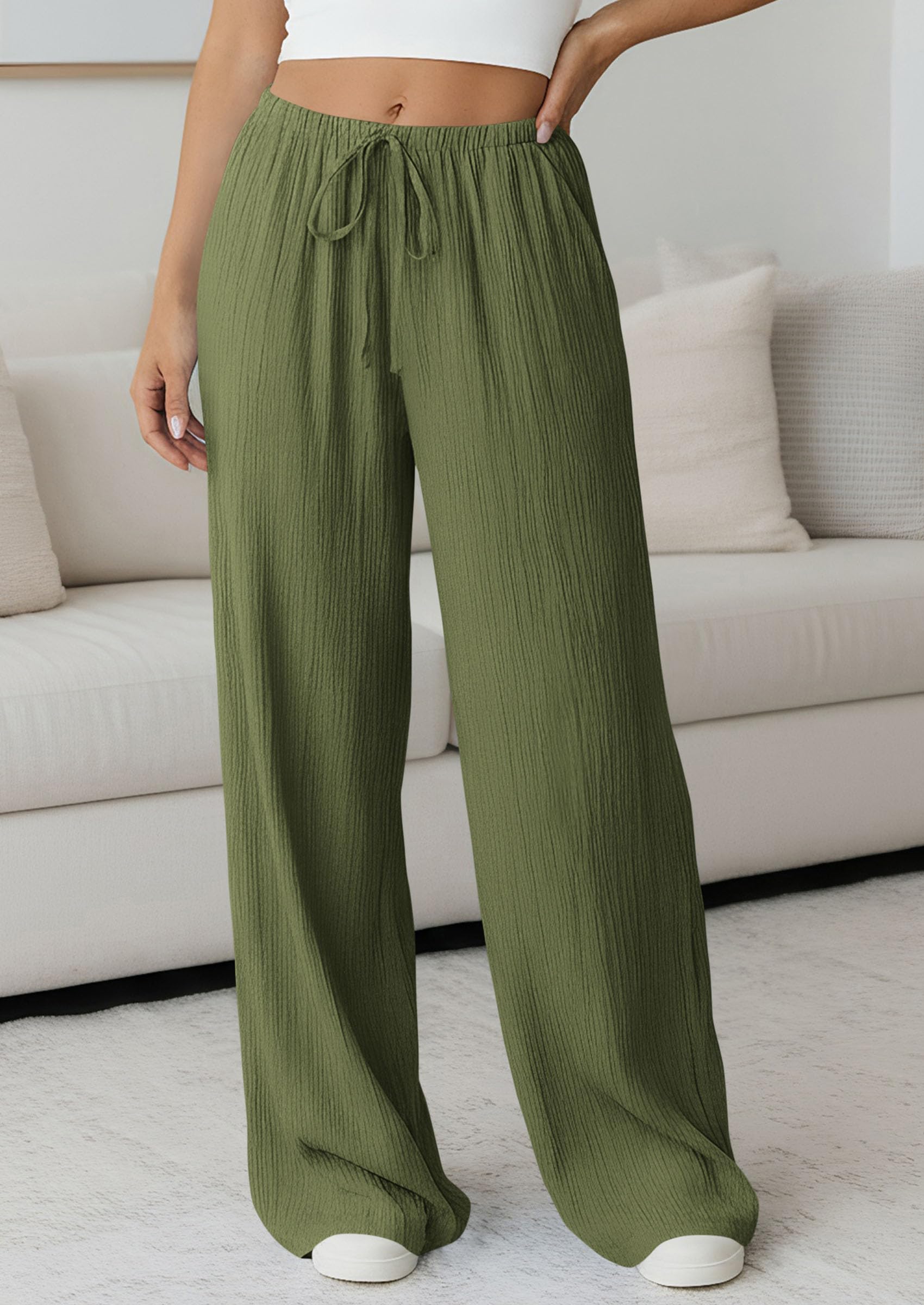Women's Palazzo Pants Casual Wide Leg Trousers,Army Green,S