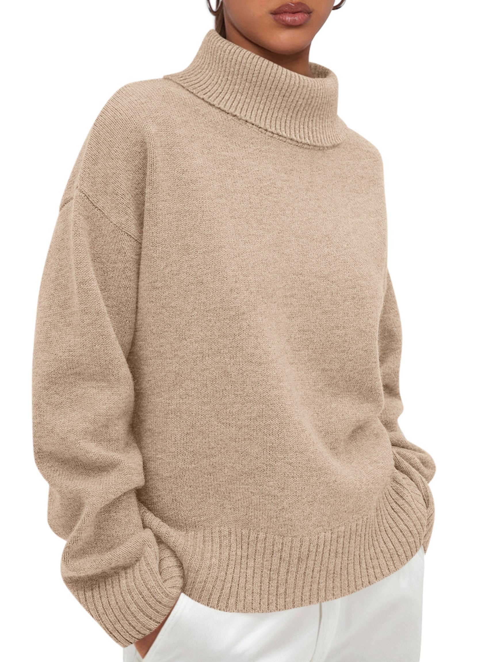 Womens Turtleneck Long Sleeve Knit Sweater,Khaki,M