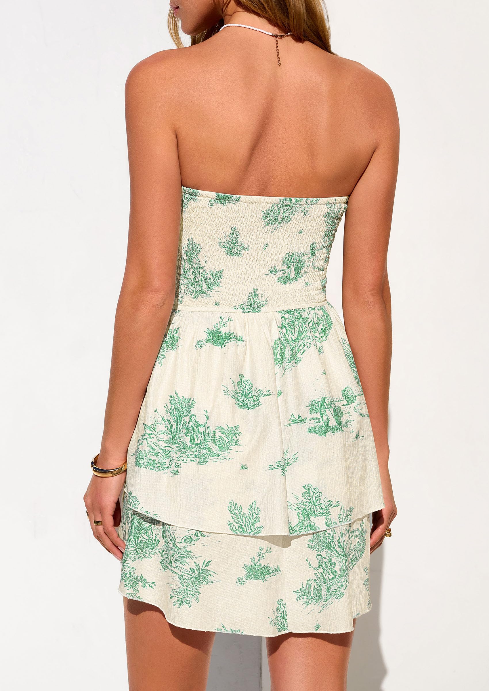 Women's Summer Strapless Flowy Mini Dresses (Floral Green,S)