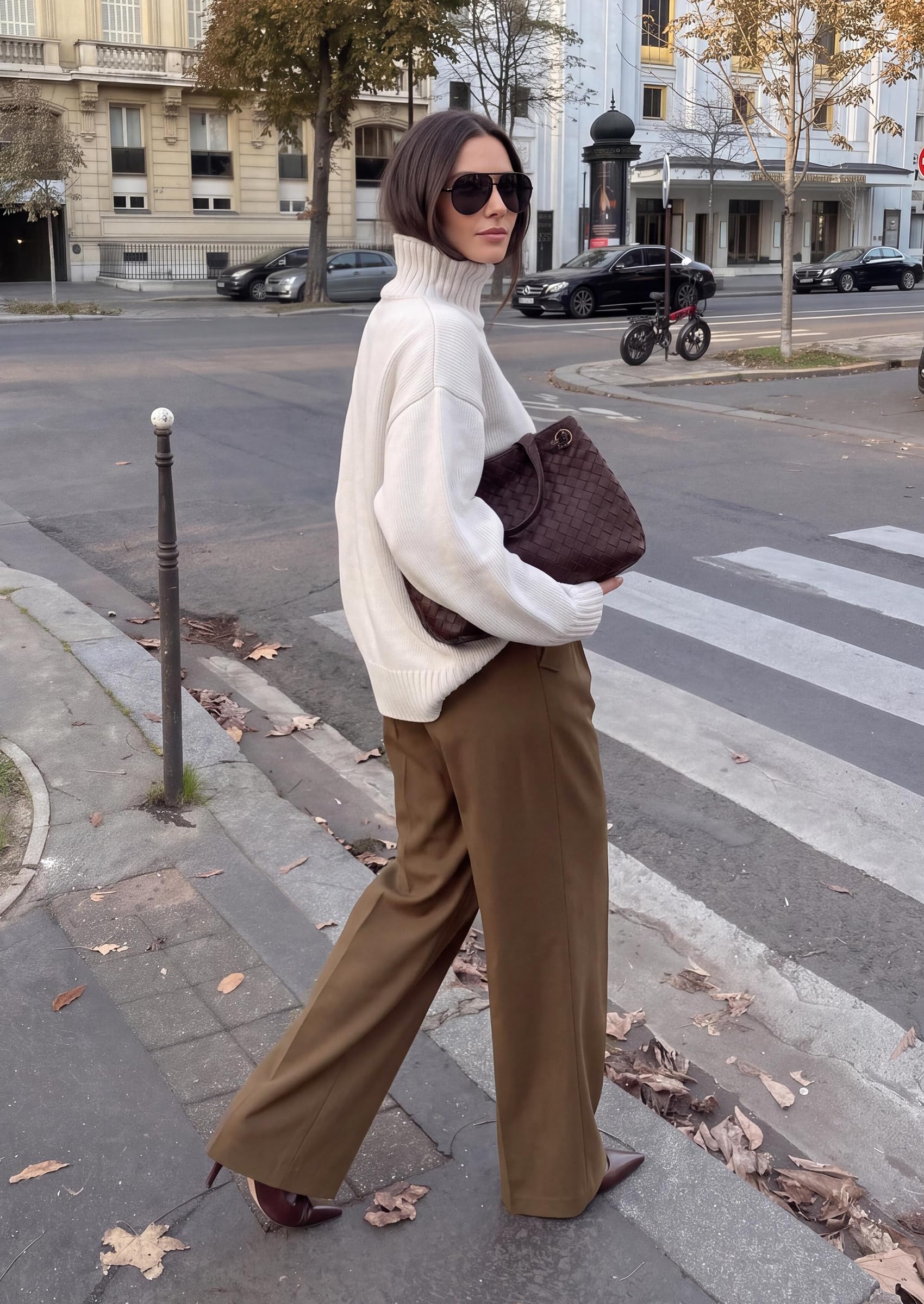 Women's Wide Leg Work Dress Pants Trousers (Brown,S)