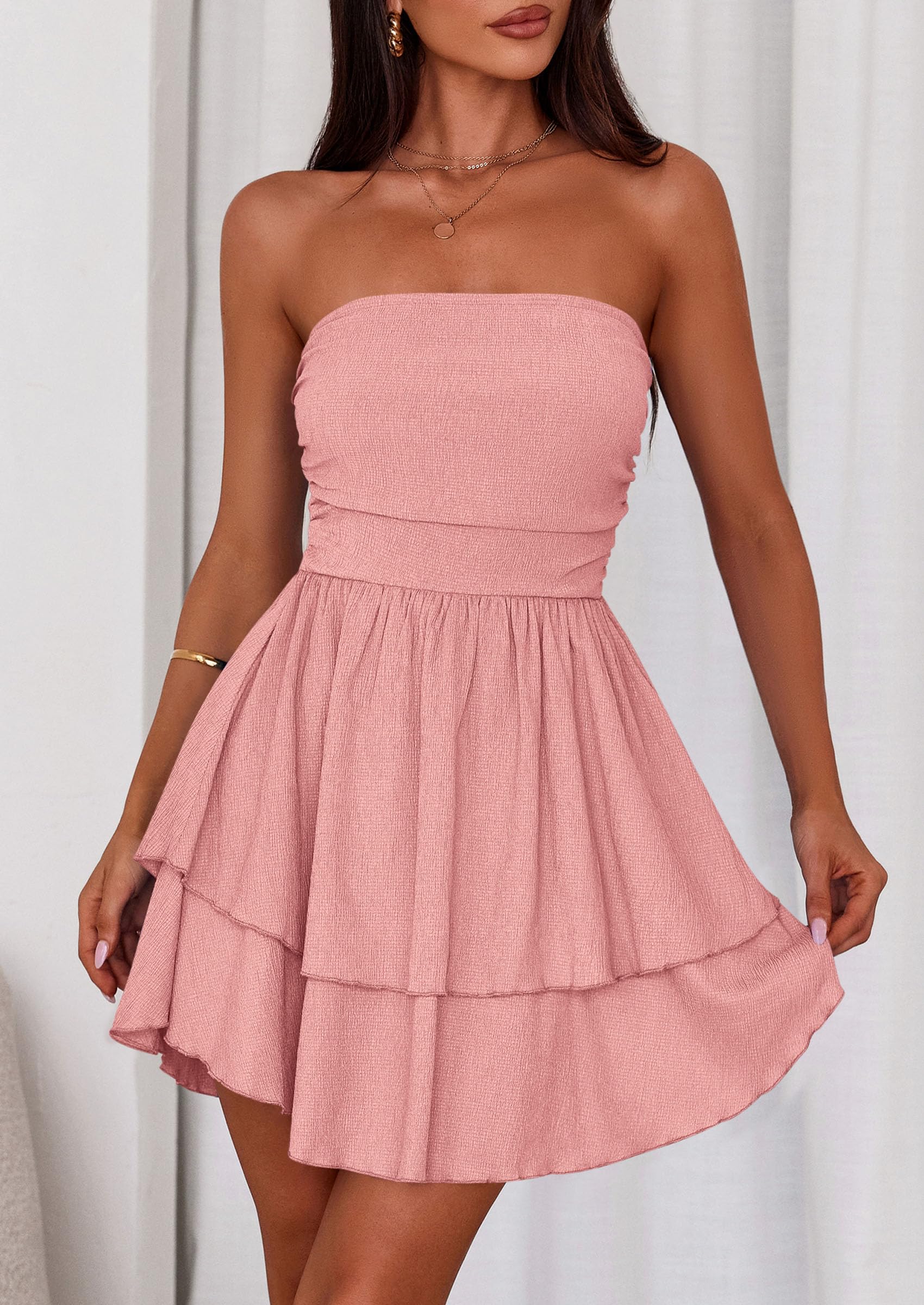 Women's Summer Strapless Flowy Mini Dresses (Pink,S)
