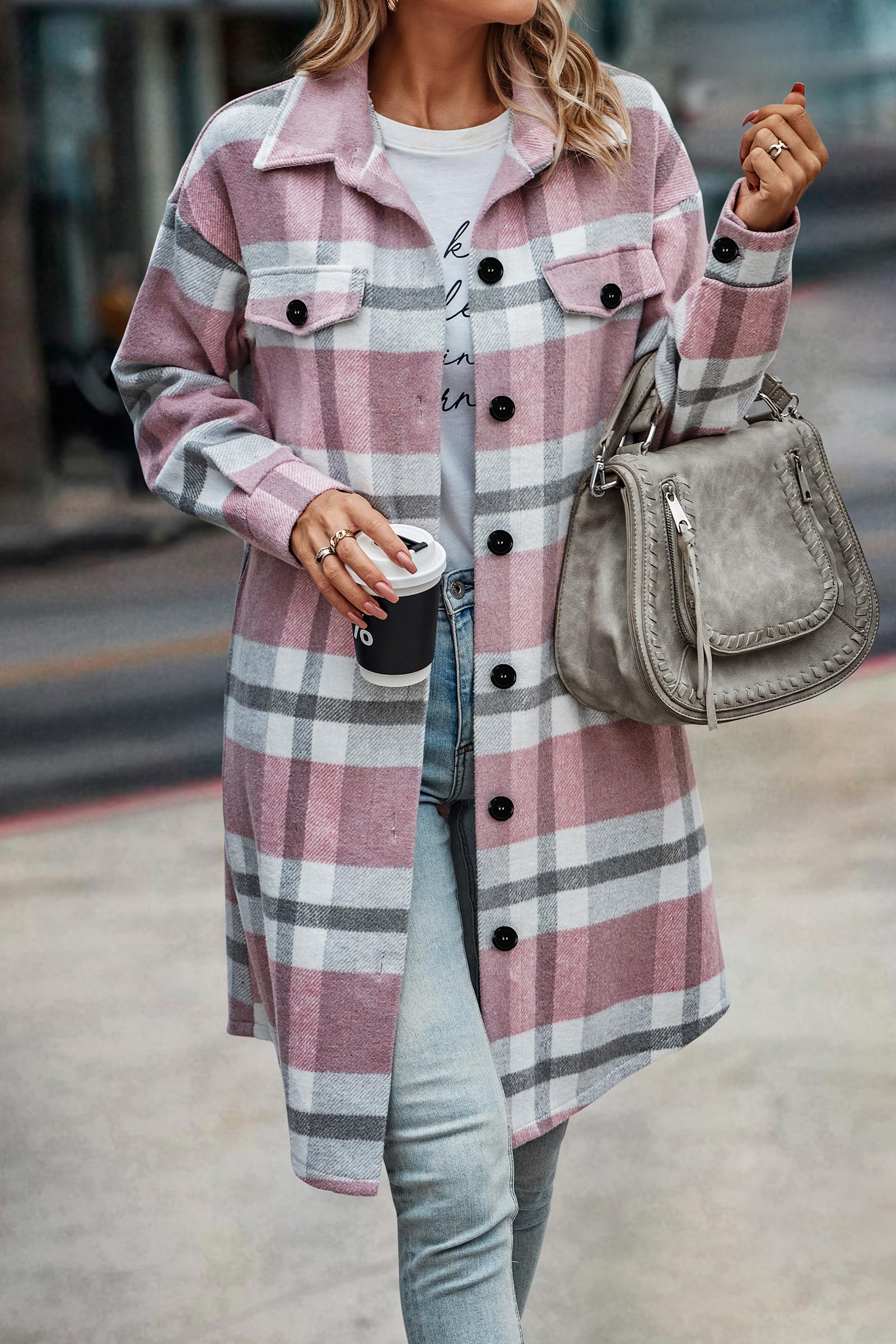 Womens Plaid Shacket Jacket Flannel Shirts,Plaid Pink,S