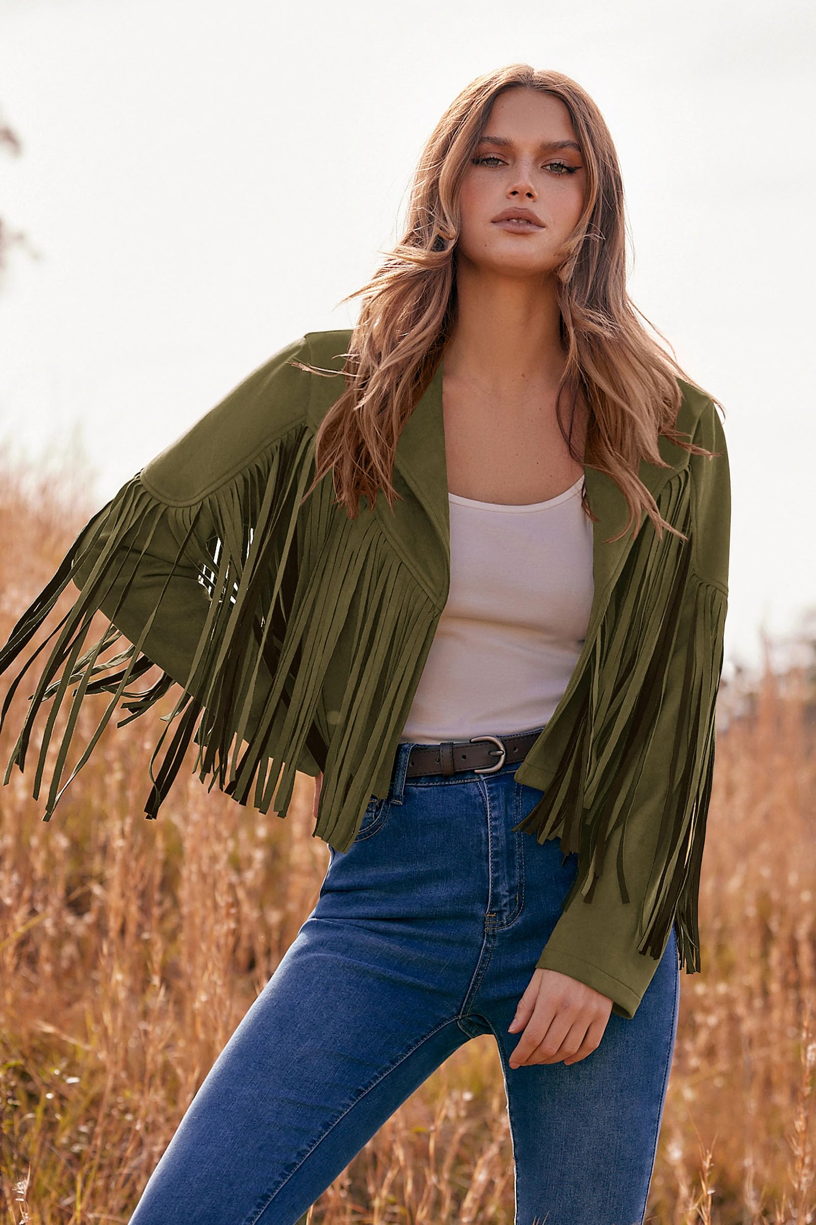 Women's Fringe Faux Suede Leather Jackets,Dark Army Green,S