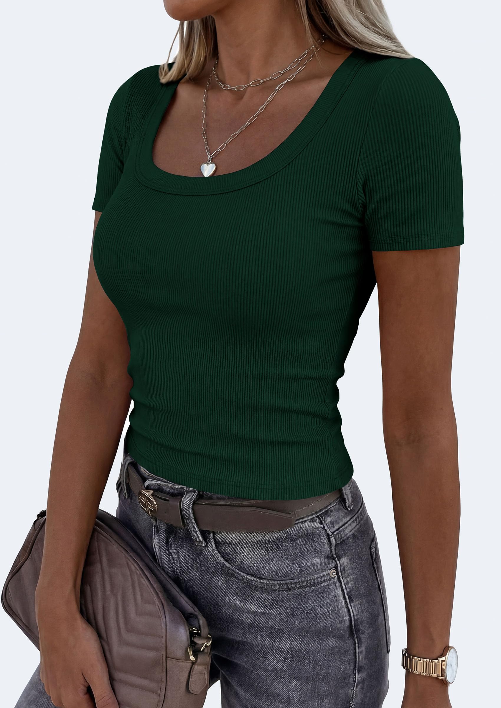 Womens Summer Short Sleeve Scoop Neck Tops,Dark Green,S