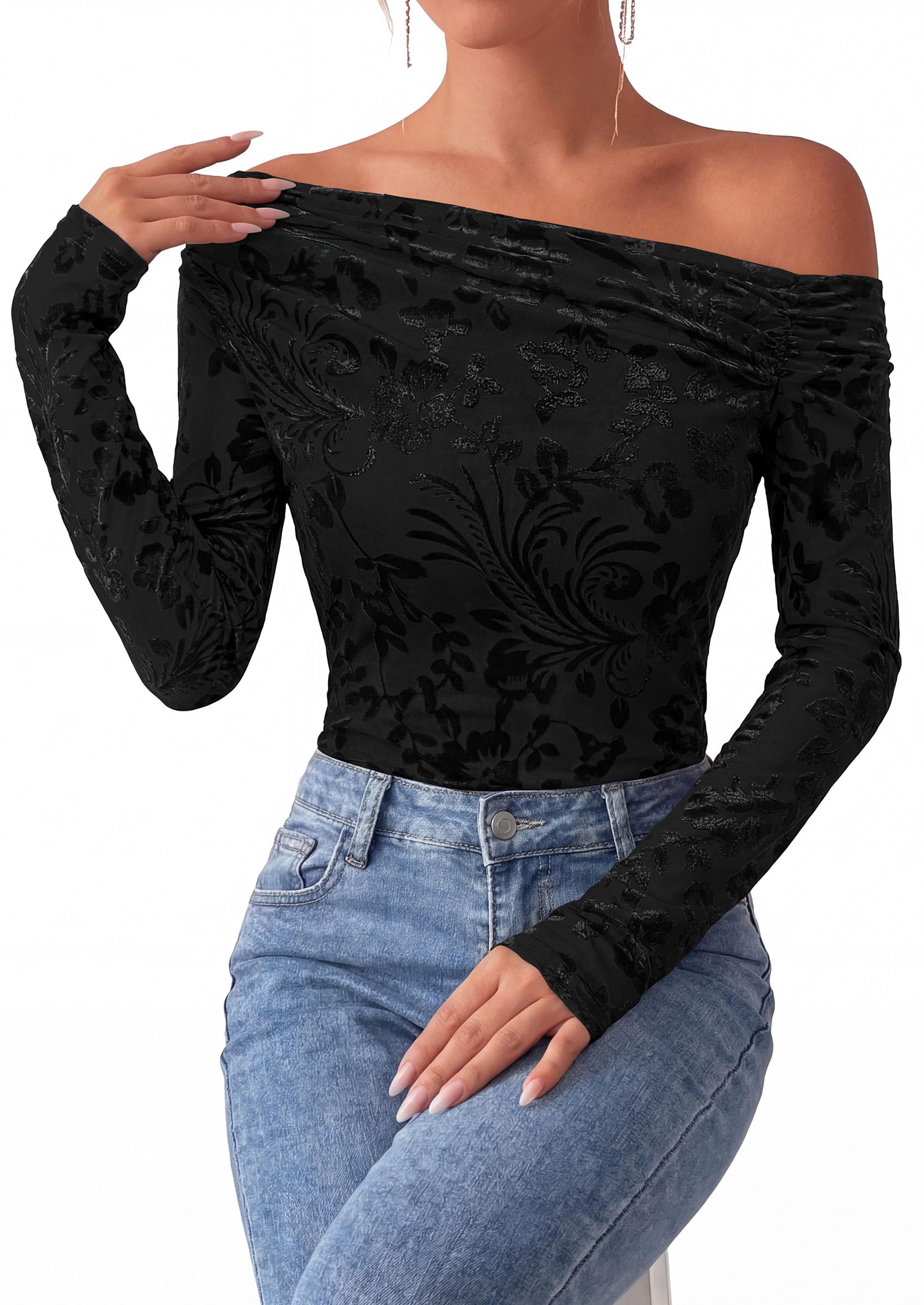 Off the Shoulder Tops for Women Fall Mesh Floral Blouses Black