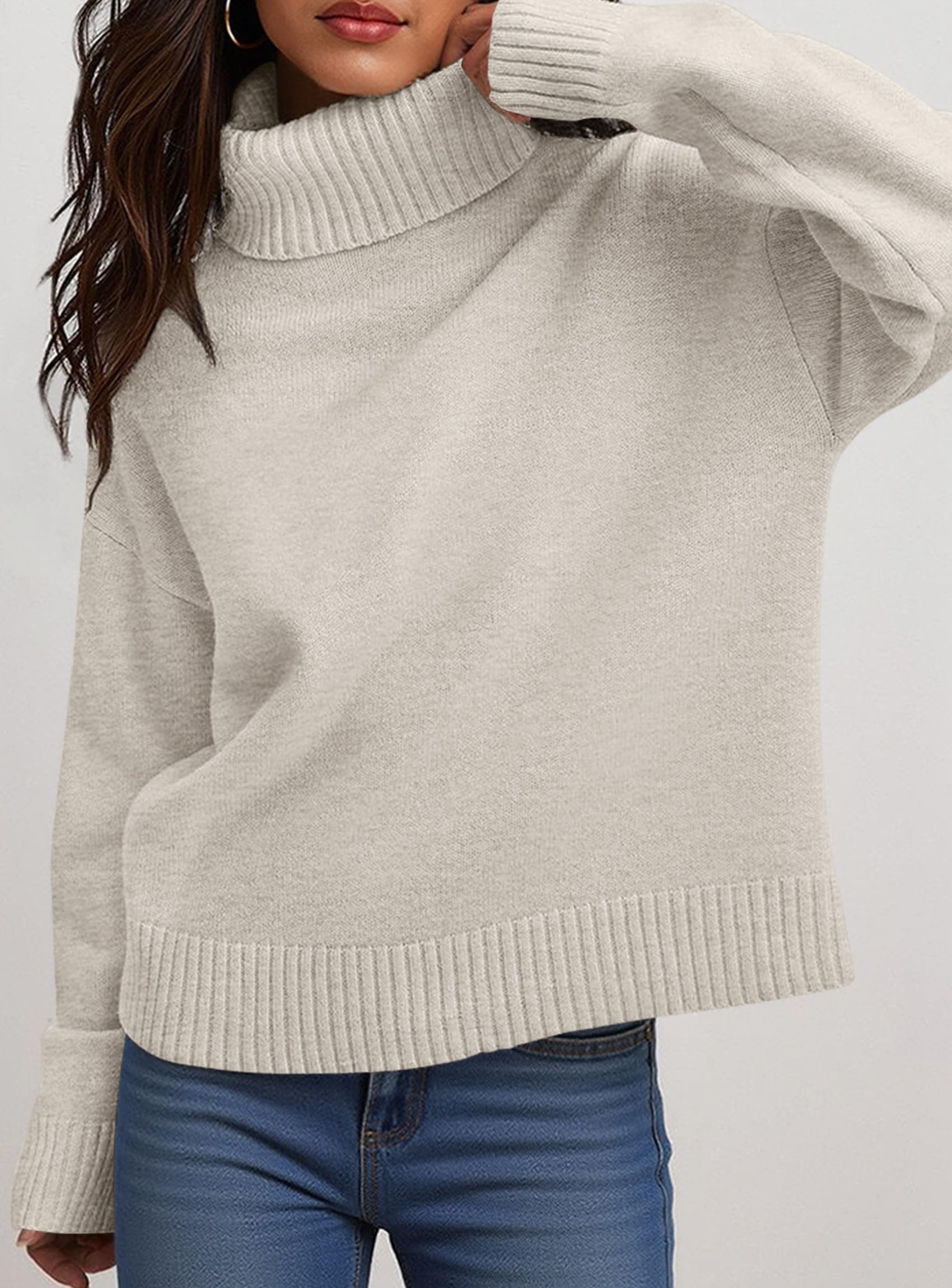 Womens Turtleneck Long Sleeve Knit Sweater,Light Grey,S