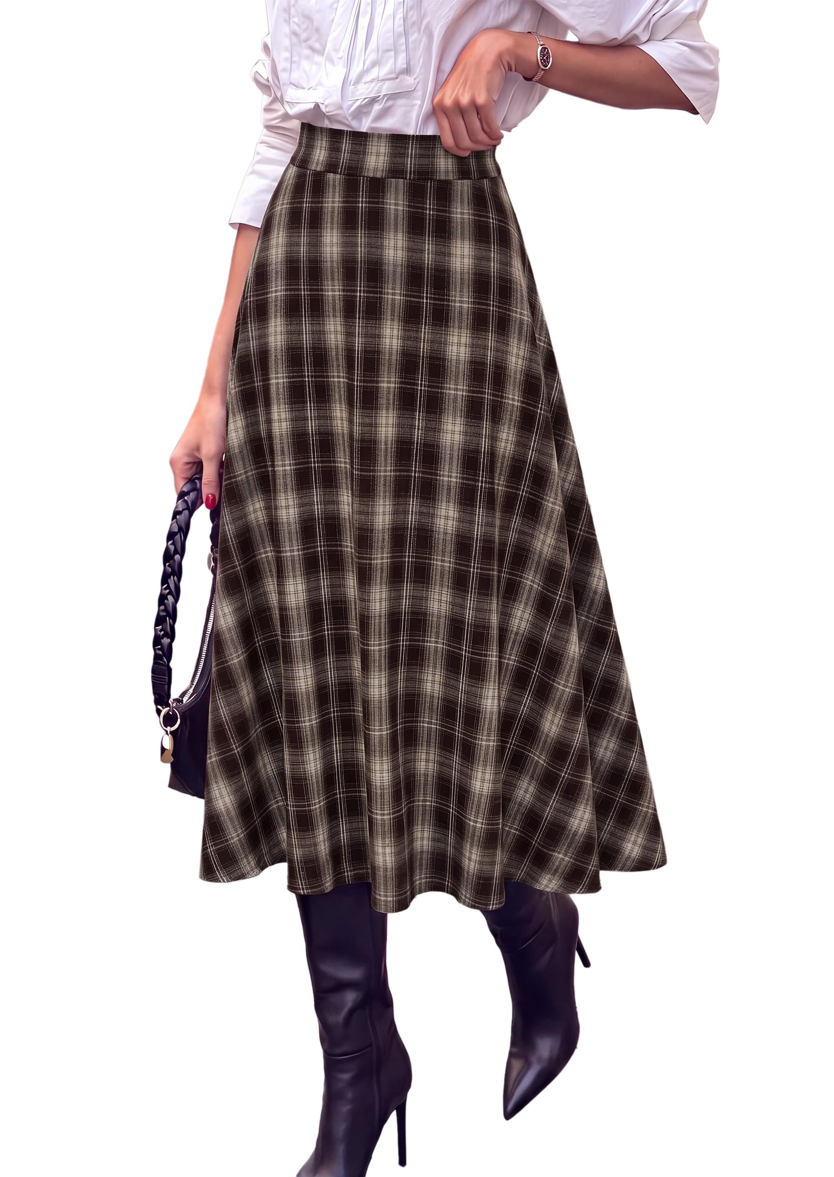 Women's Plaid High Waisted A-Line Midi Skirts,Dark Coffee,M