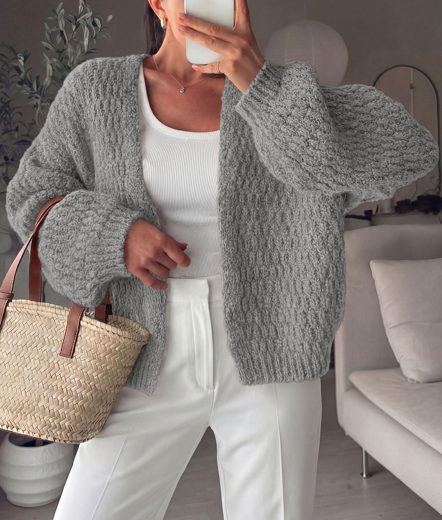 Women's Fall Cardigan Open Front Chunky Sweaters Grey S