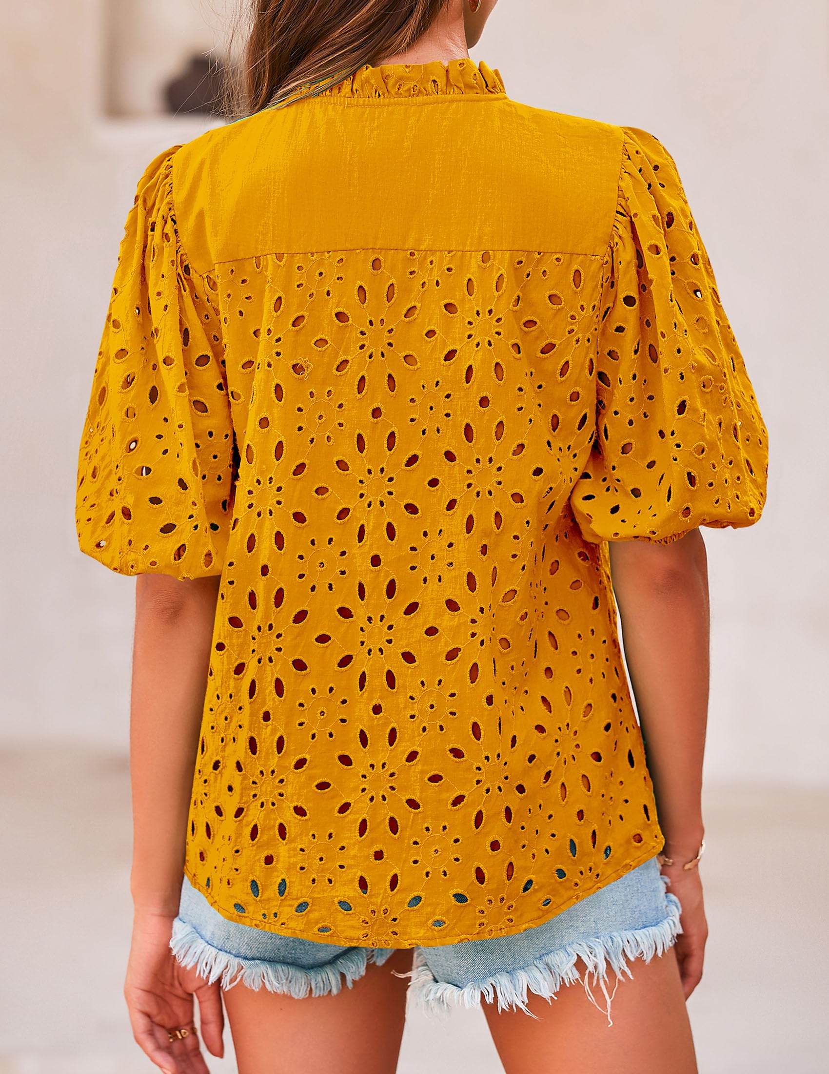 Womens Tops Boho Eyelet Puff Sleeve Blouse, Orange Yellow,L