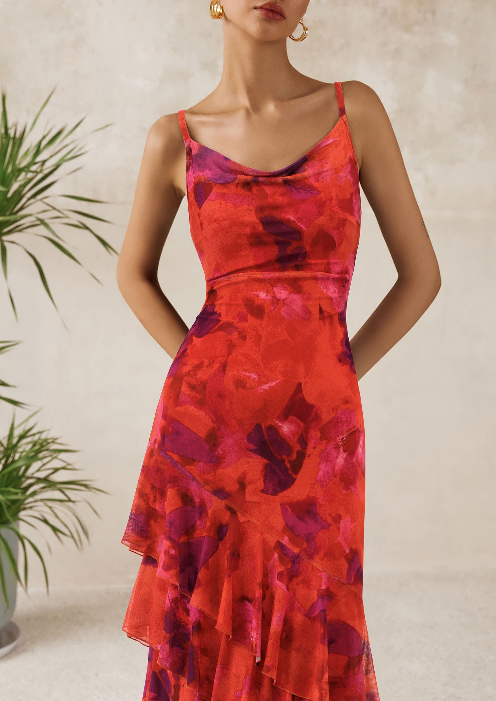 Women's Boho Floral Tiered Maxi Dress, Floral Rust Red,XS