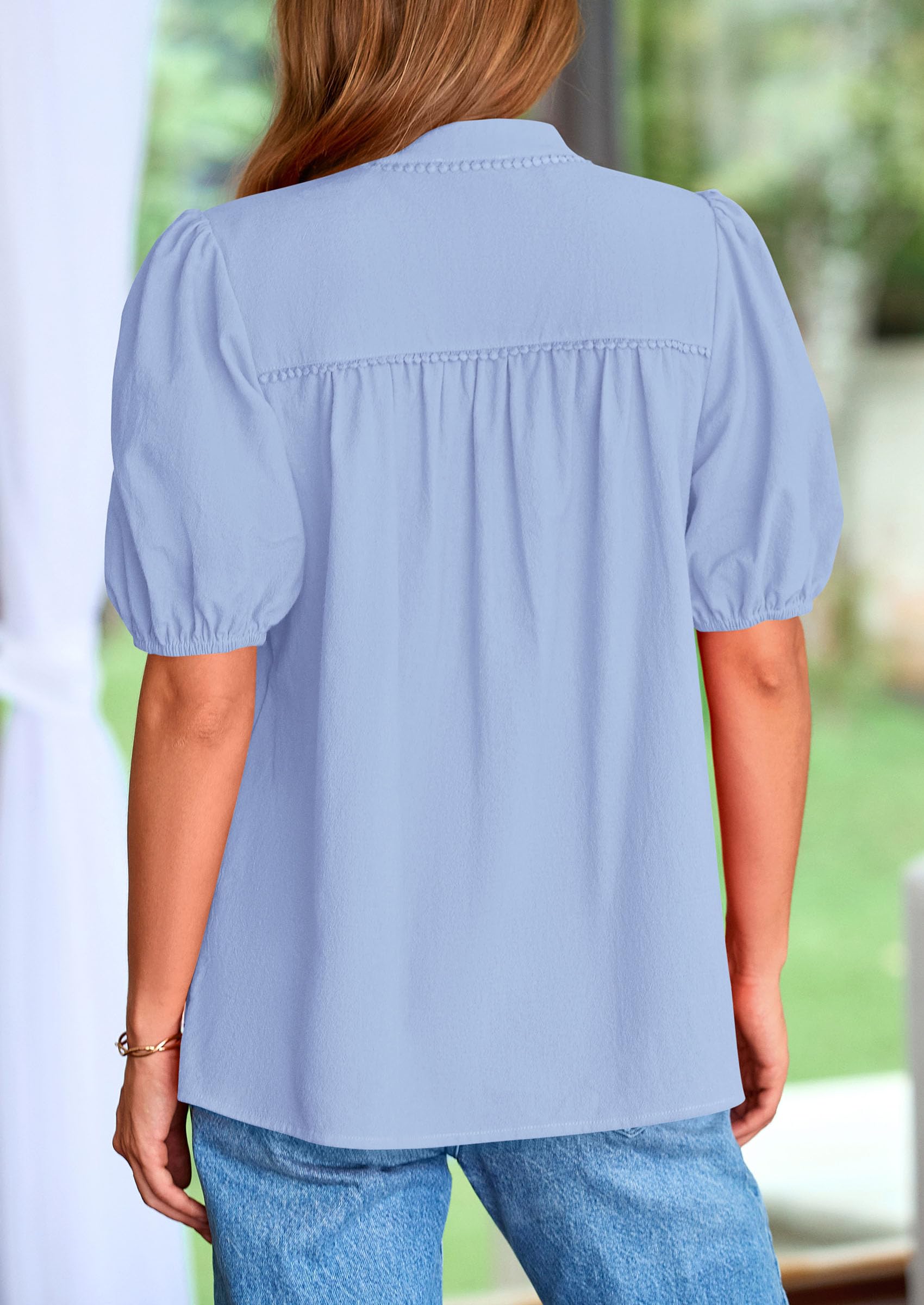 Womens Short Puff Sleeve V Neck Blouses,Sky Blue,S