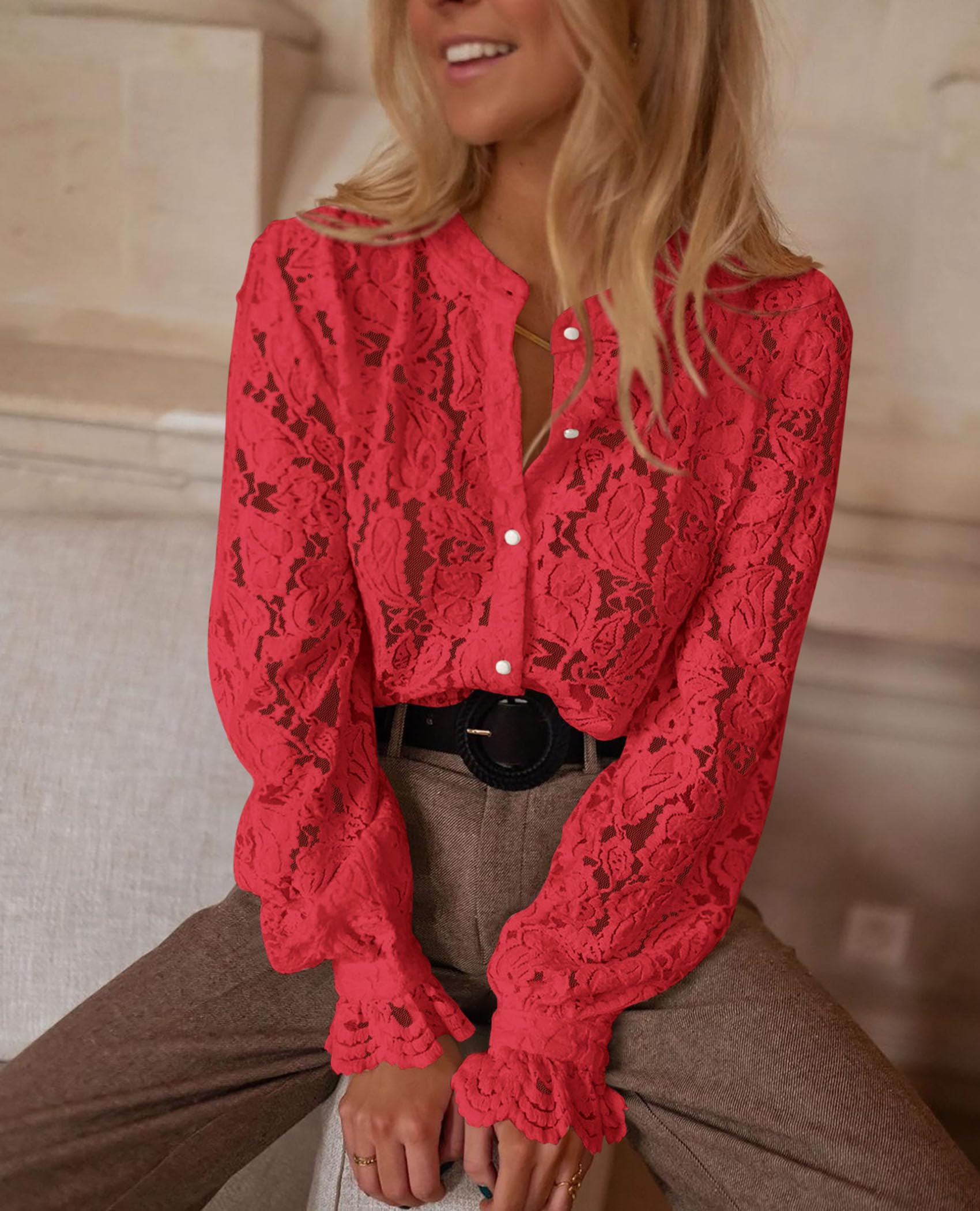 Women's Fall Trendy Long Sleeve Lace Tops(Red,Small)