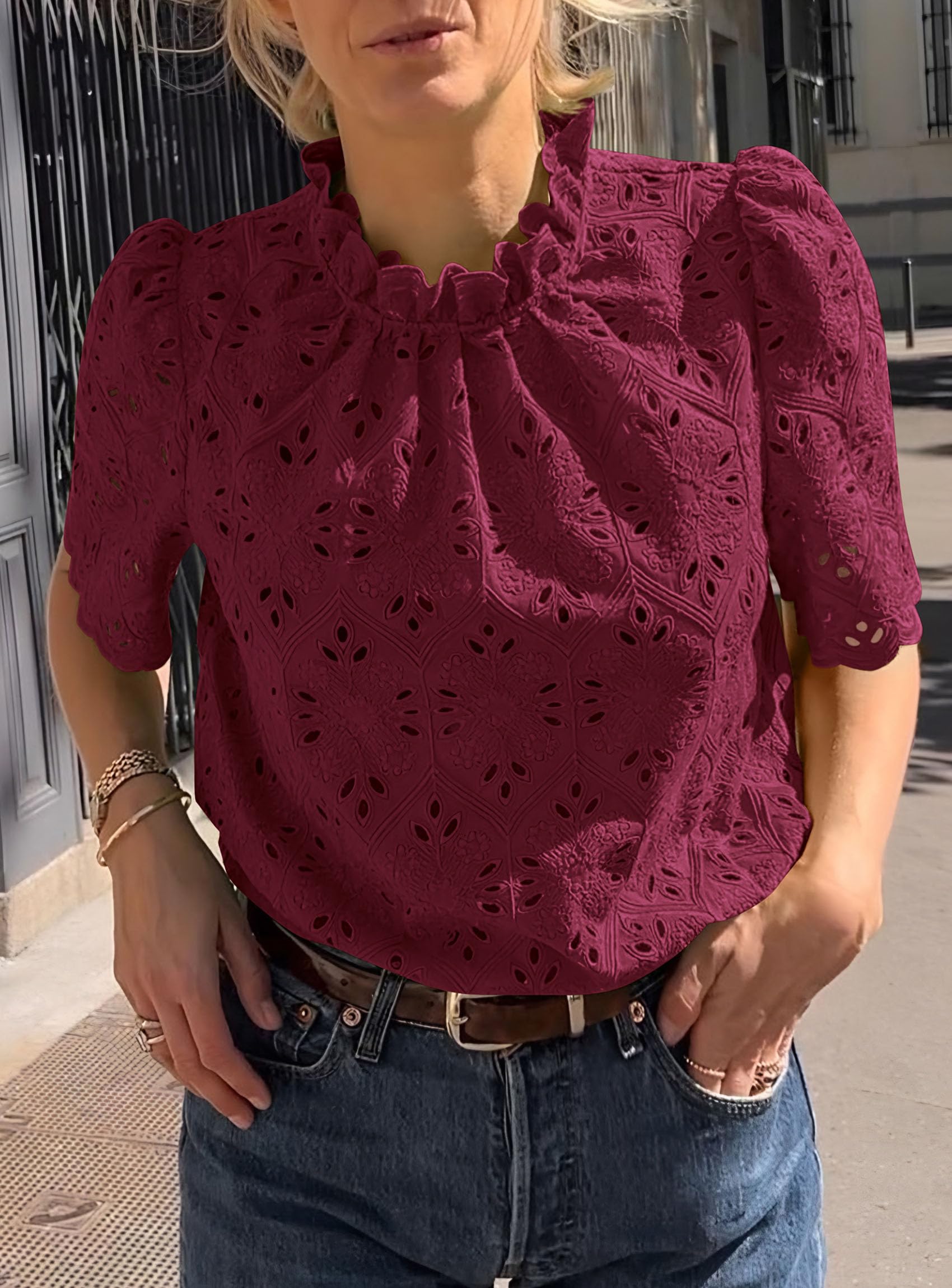 Women Summer Tops Eyelet Embroidered Shirts,Wine Red,XS