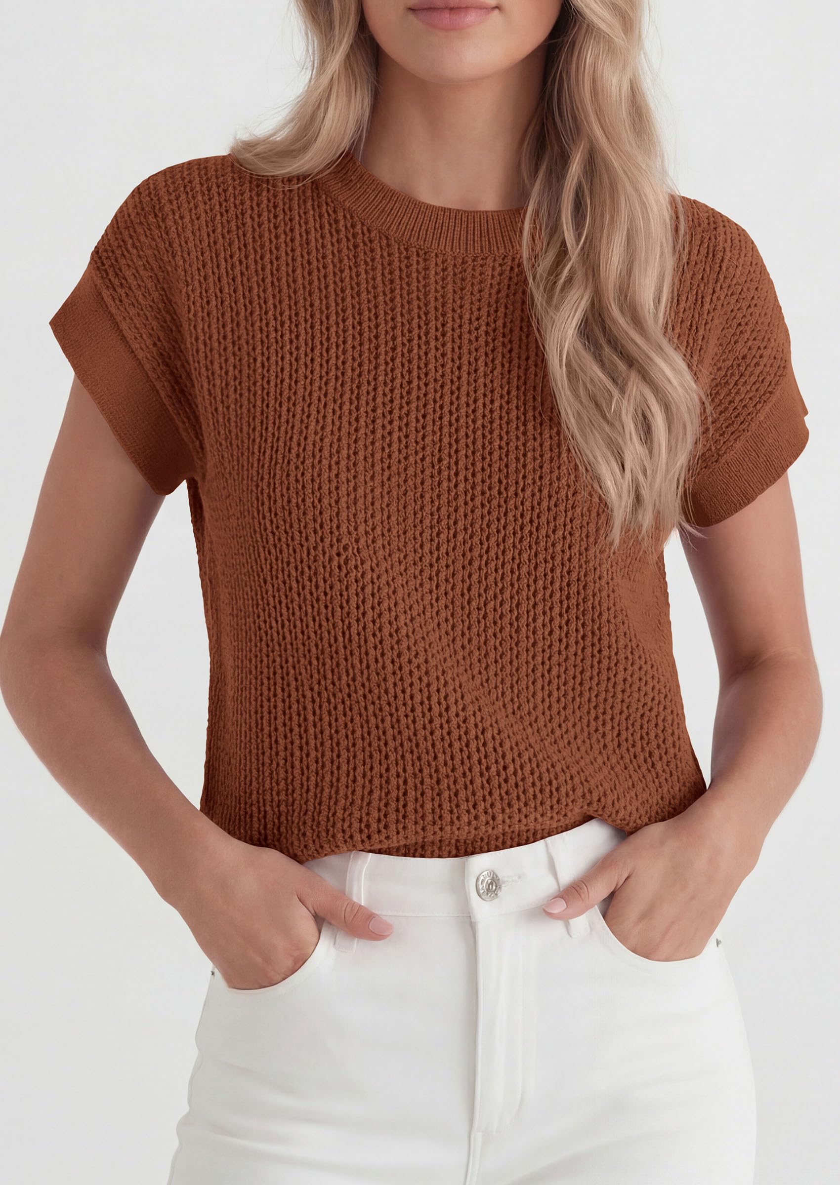 Women's Summer Sweater Vest Crochet Tops (Brown,S)