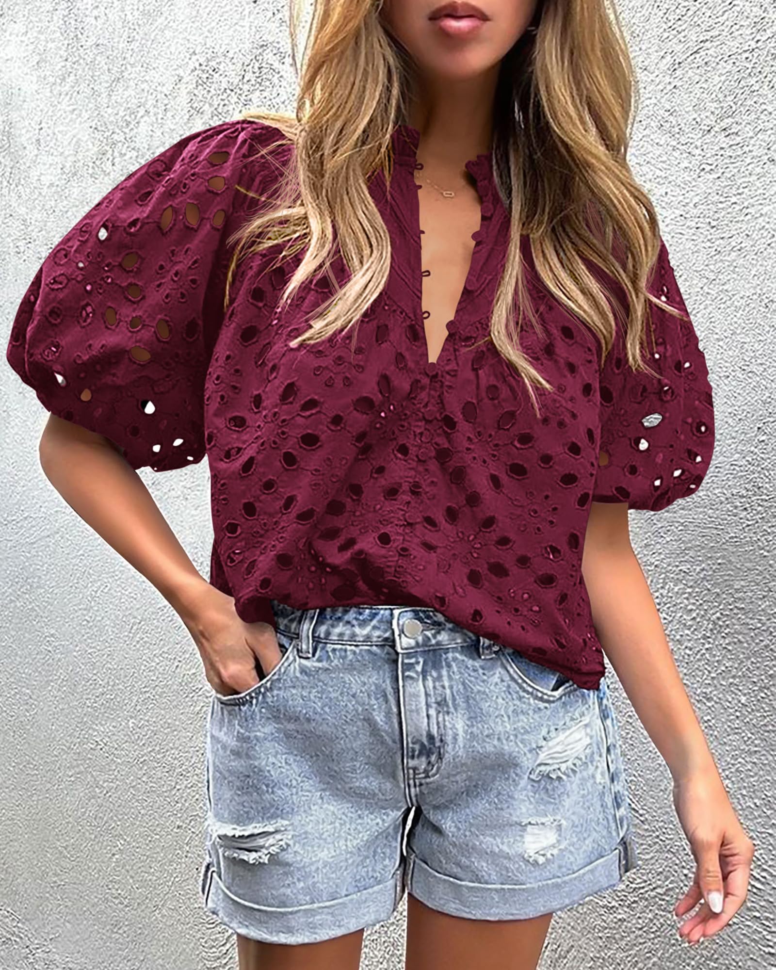 Womens Tops Boho Eyelet Puff Sleeve Blouse, Wine Red,S