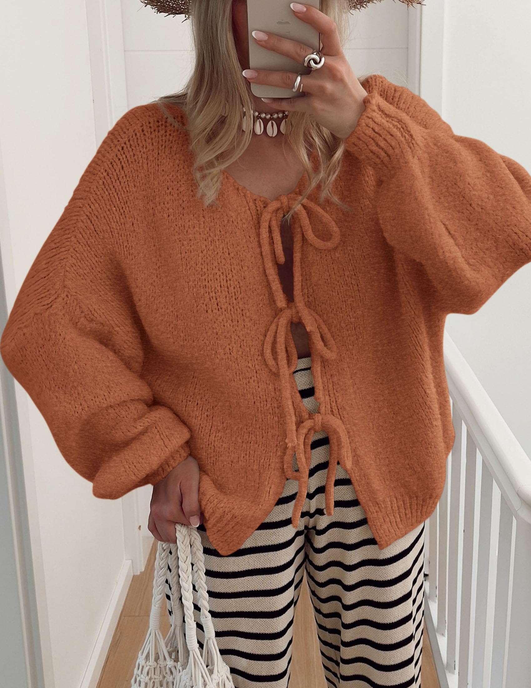 Women's Tie Front Bow Cardigan Sweaters(Brick Red,Small)