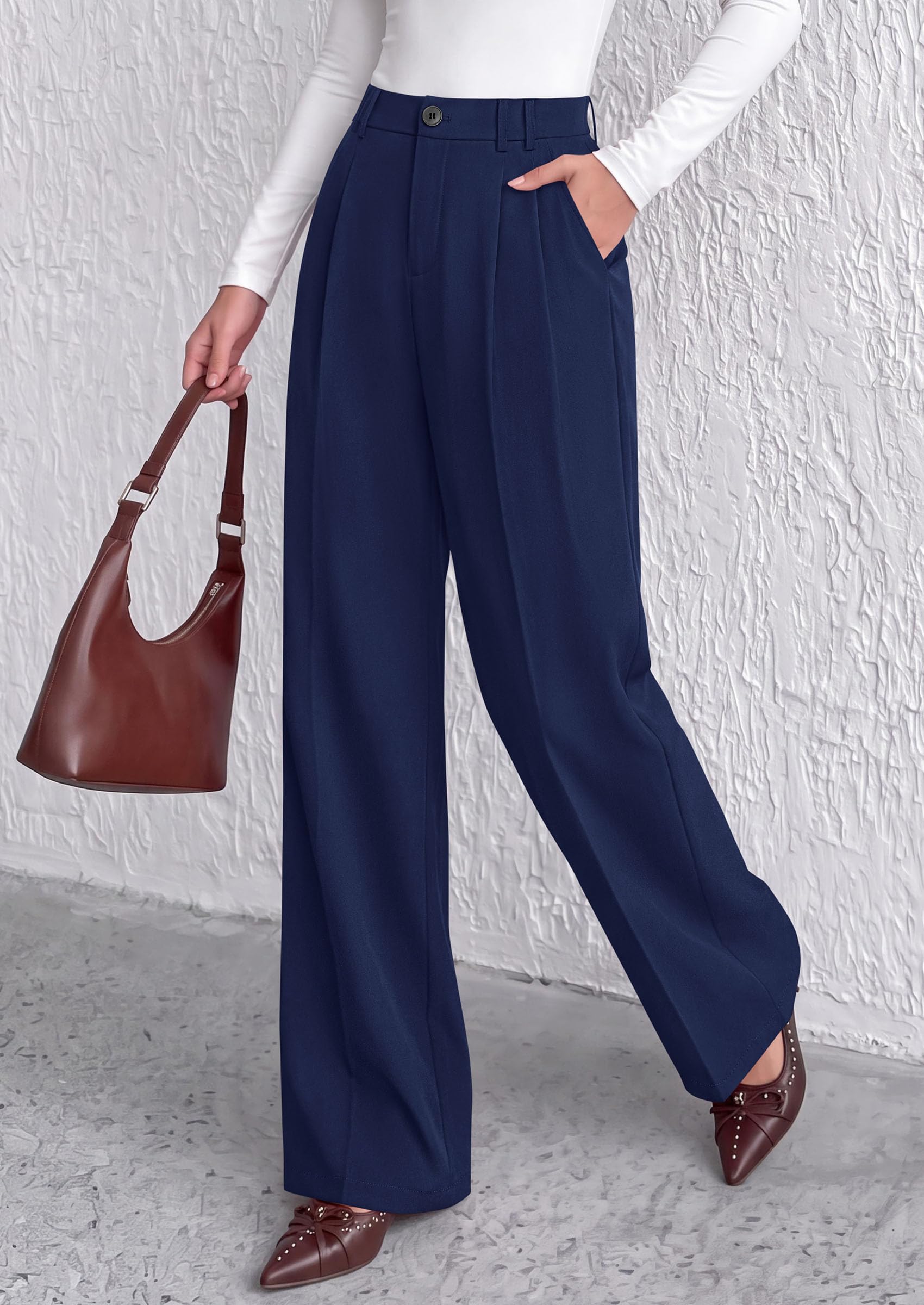 Women's Dress Pants Wide Leg Flowy Trousers,Navy Blue,S