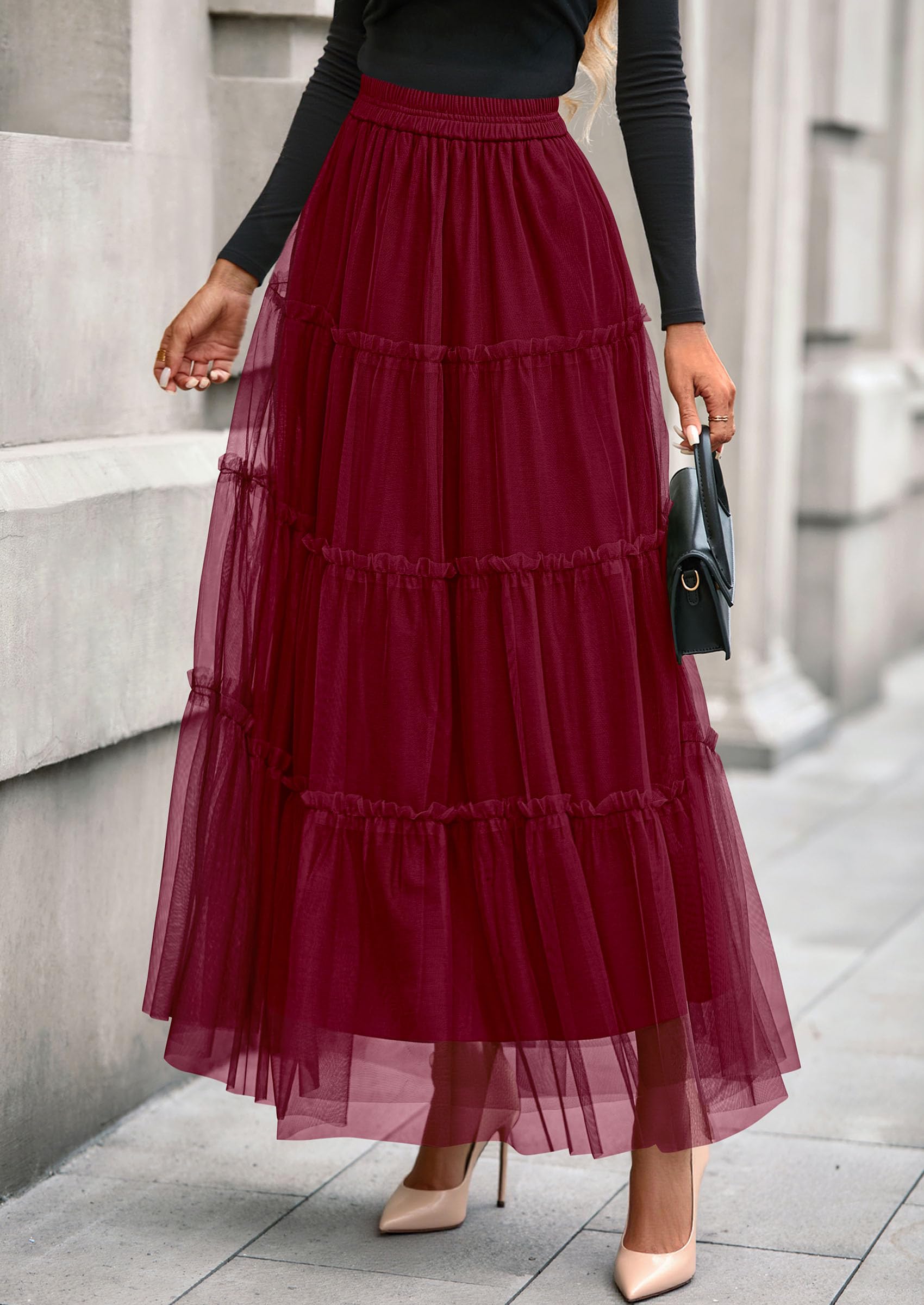Women's Fall Soft Tulle Tiered Long Skirt,Burgundy,S