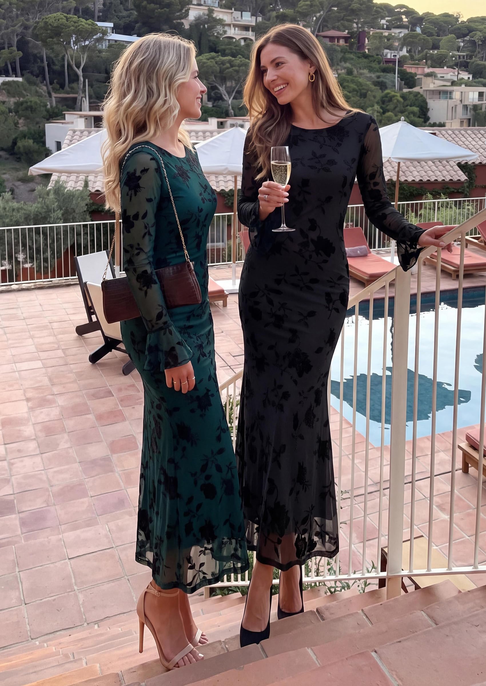 Women's Long Sleeve Maxi Floral Mesh Fall Wedding Guest Dress